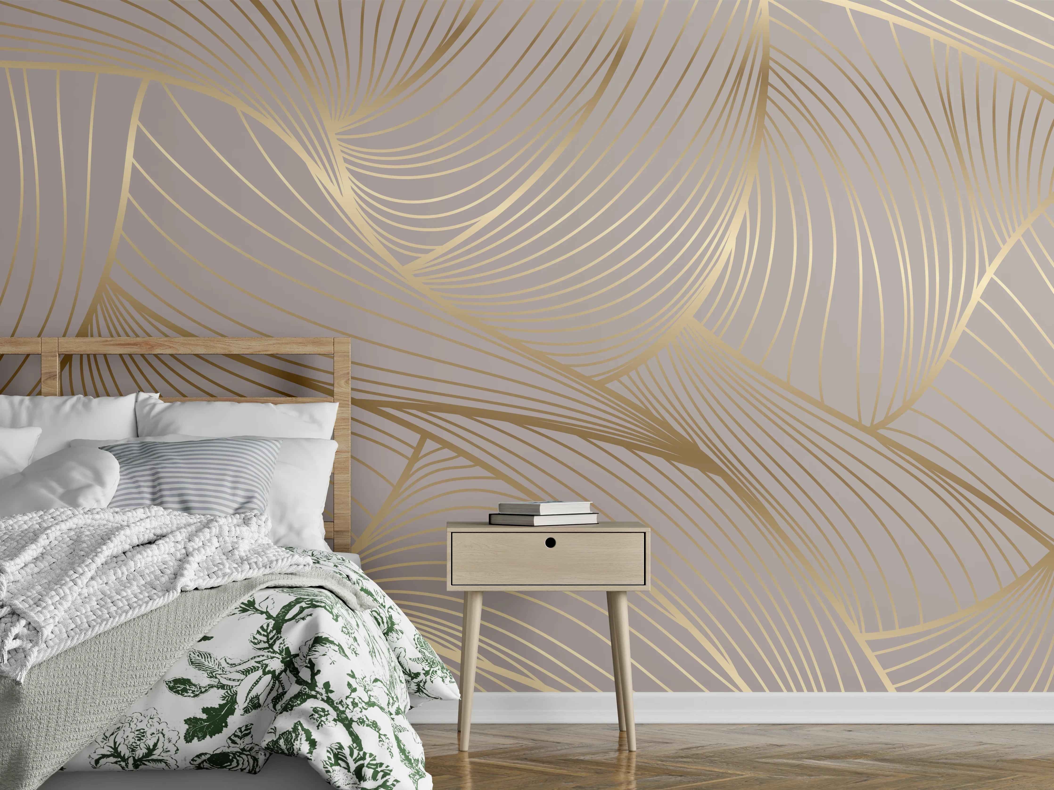 Wandverkleidung Schlafzimmer - Beige-Goldene Linien Muster