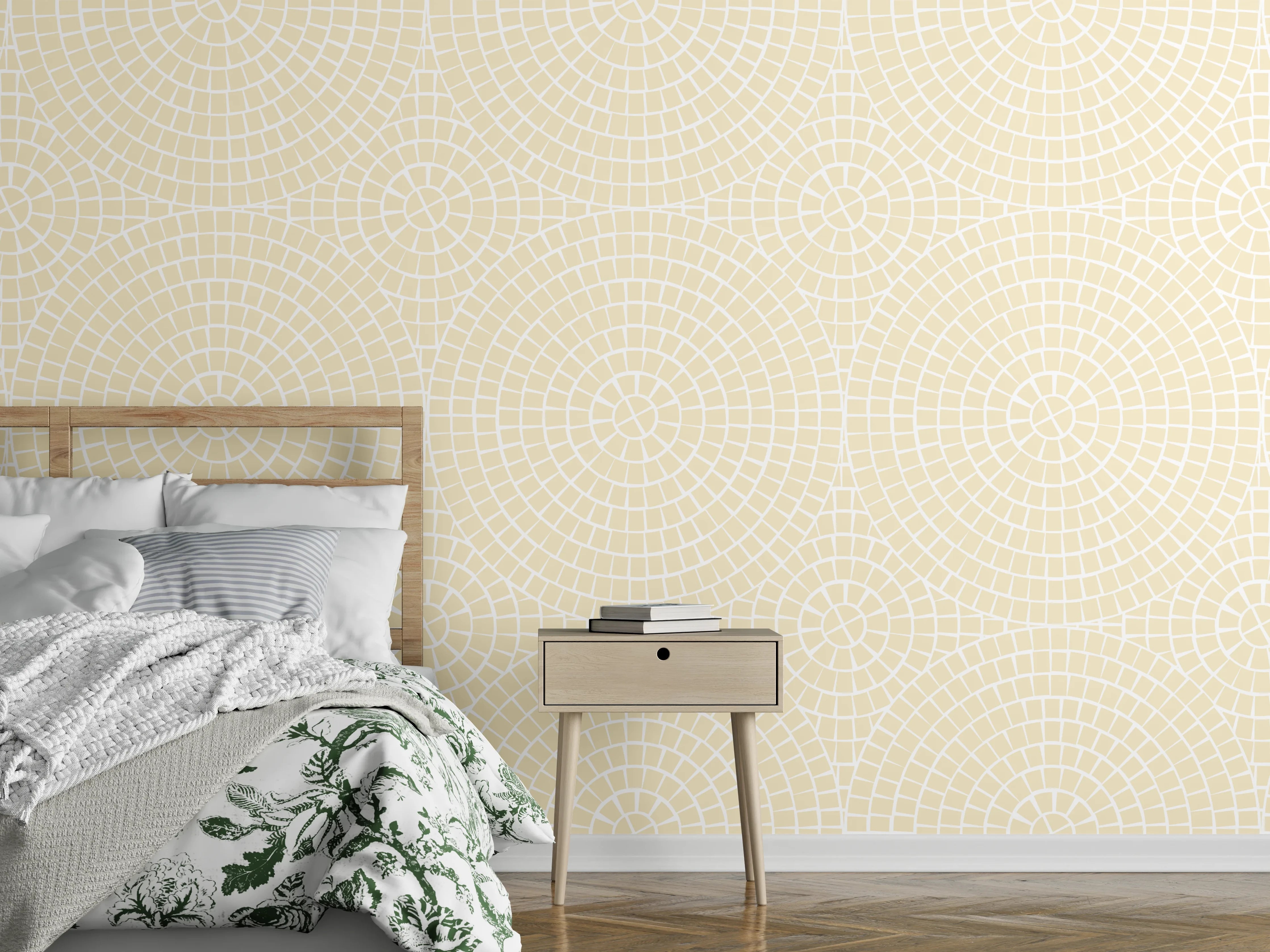 Wandverkleidung Schlafzimmer - Beige Retro Kreismuster Tapetendesign