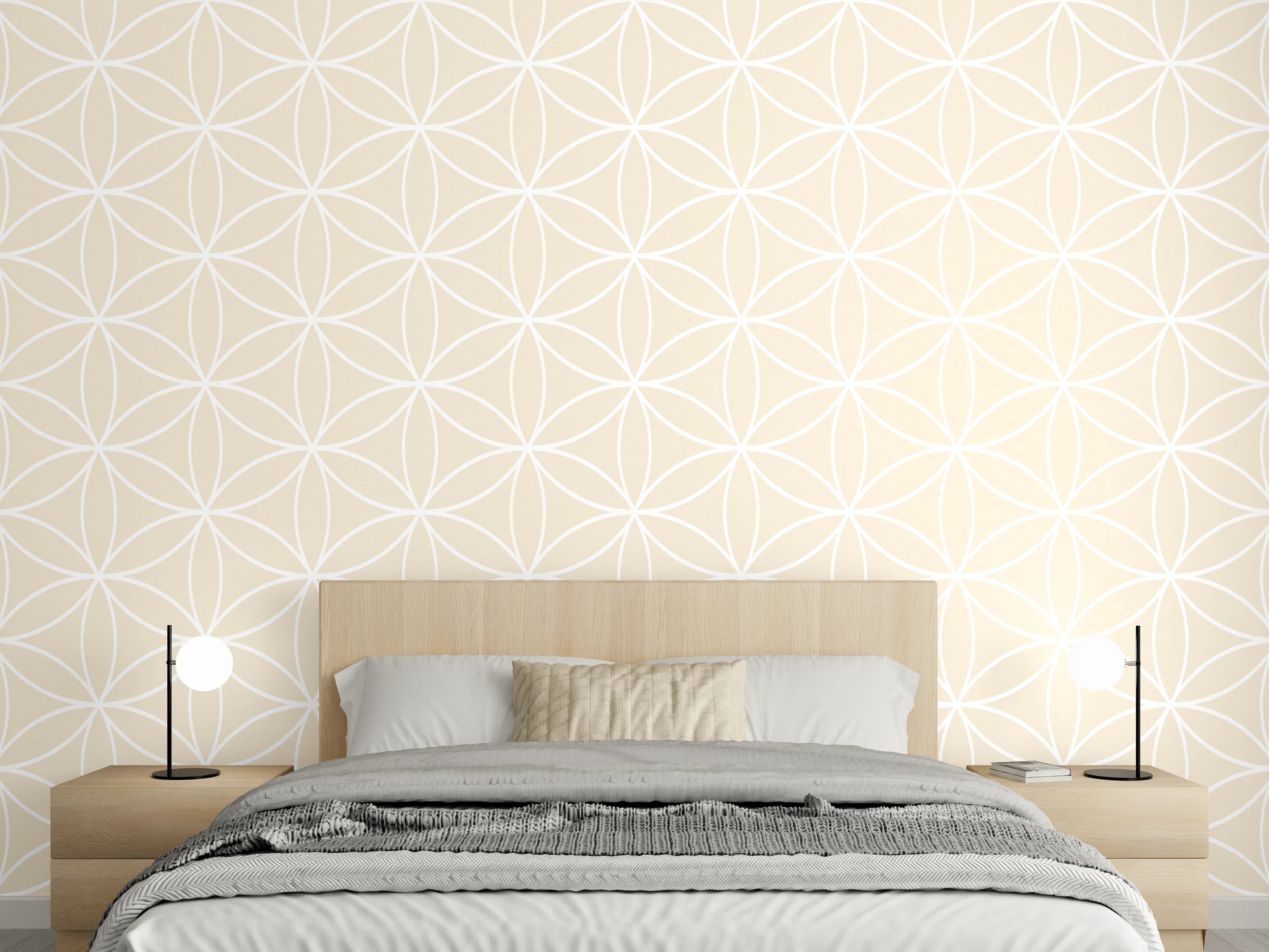 Wandverkleidung Schlafzimmer - Beige Retro-Muster mit weißen Linien