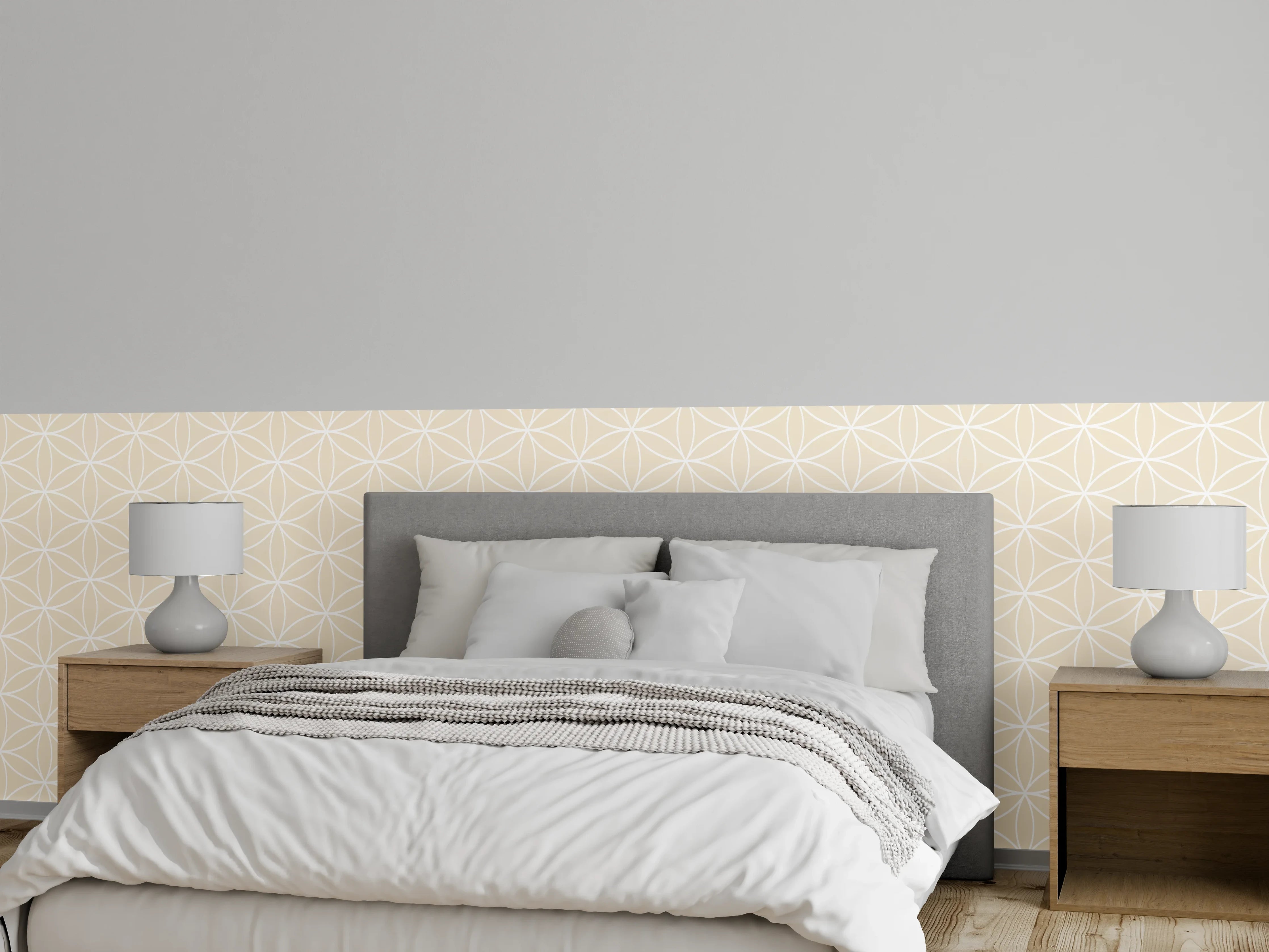 Wandverkleidung Schlafzimmer - Beige Retro-Muster mit weißen Linien