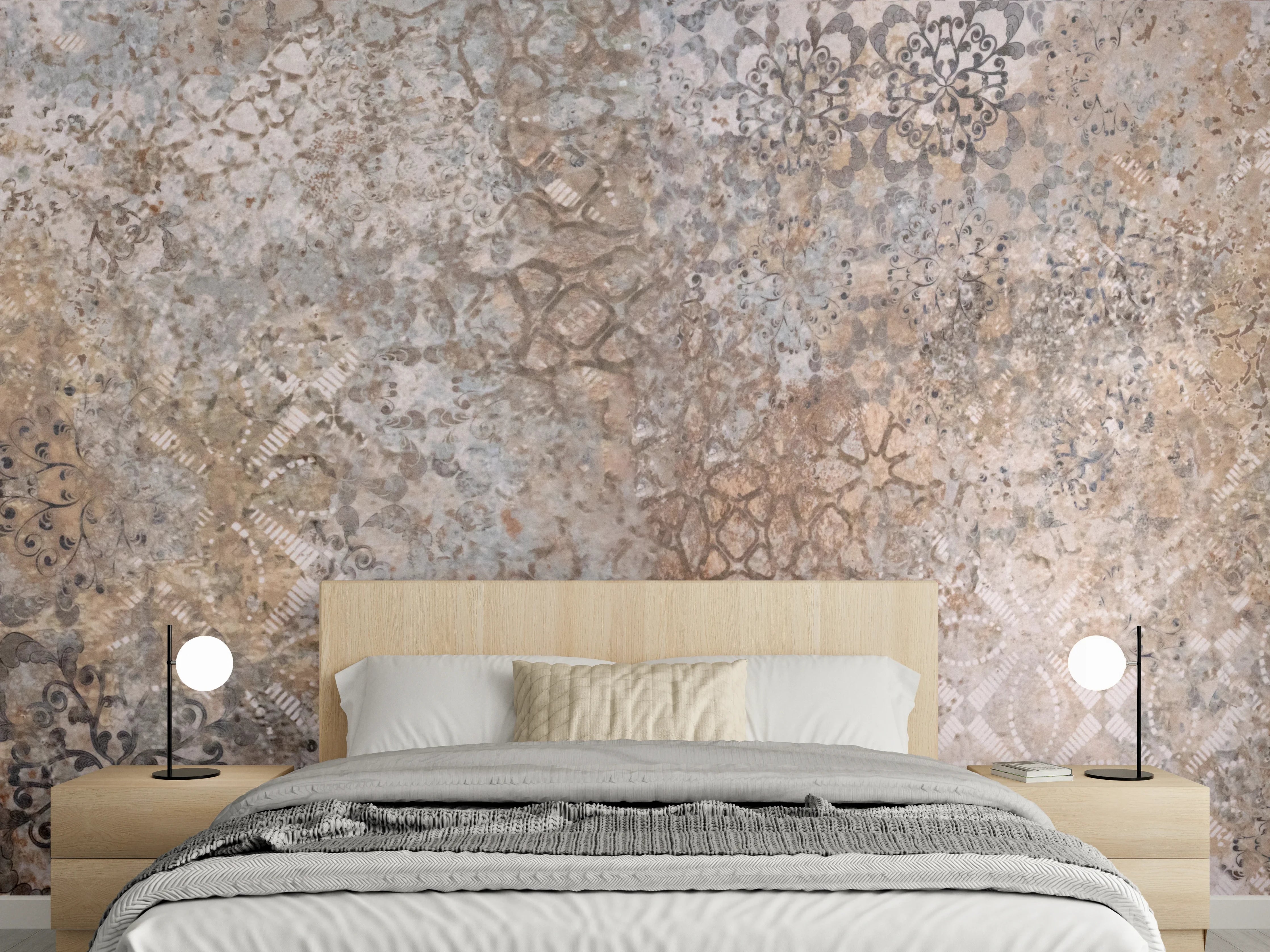 Wandverkleidung Schlafzimmer - Beige Vintage Blumenmuster im Tapeten-Stil