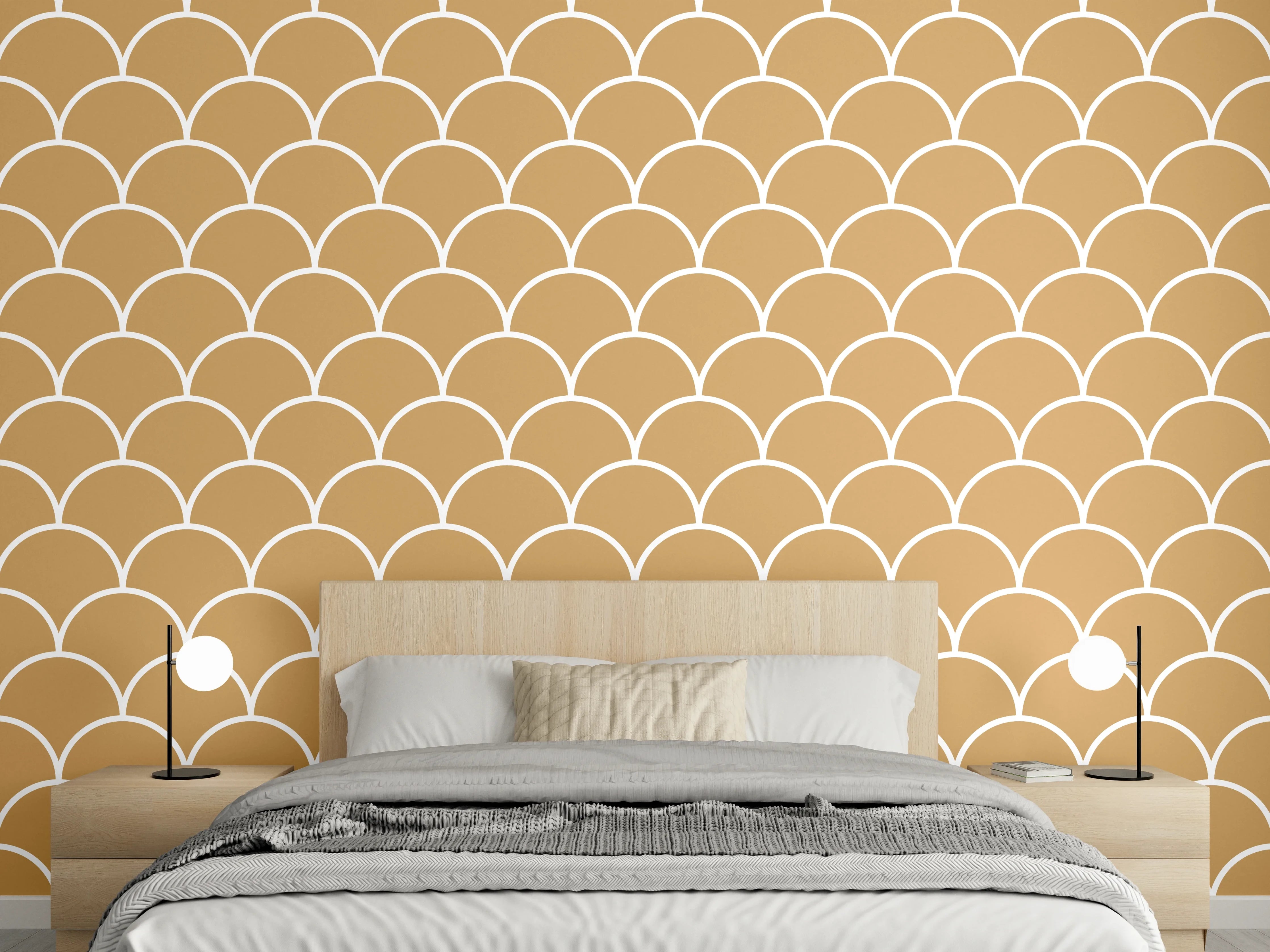 Wandverkleidung Schlafzimmer - Beige Wellenmuster mit goldenen Akzenten