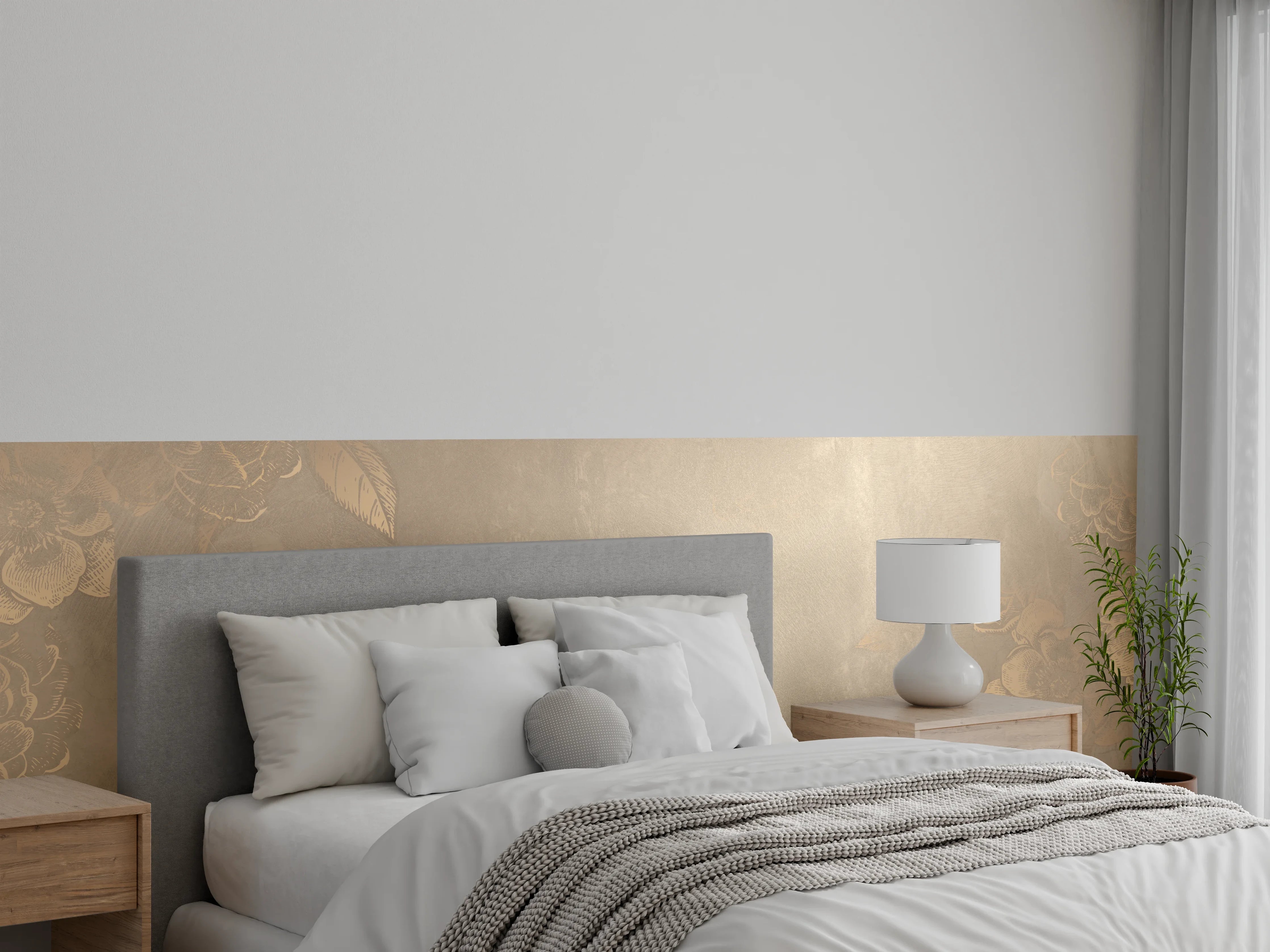 Wandverkleidung Schlafzimmer - Beige florale Eleganz Tapetenmotiv