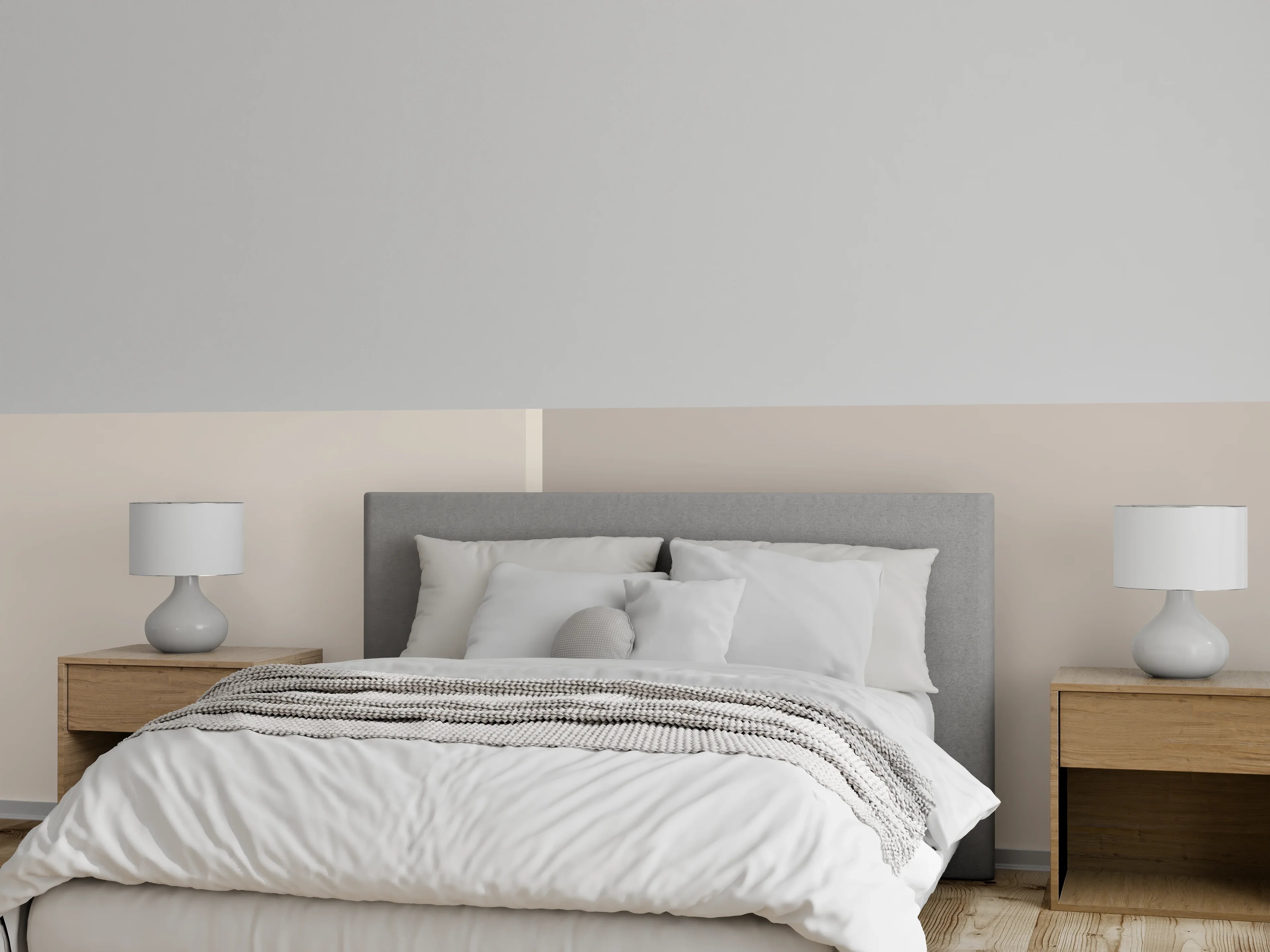 Wandverkleidung Schlafzimmer - Beige und graue Farbflächen modern