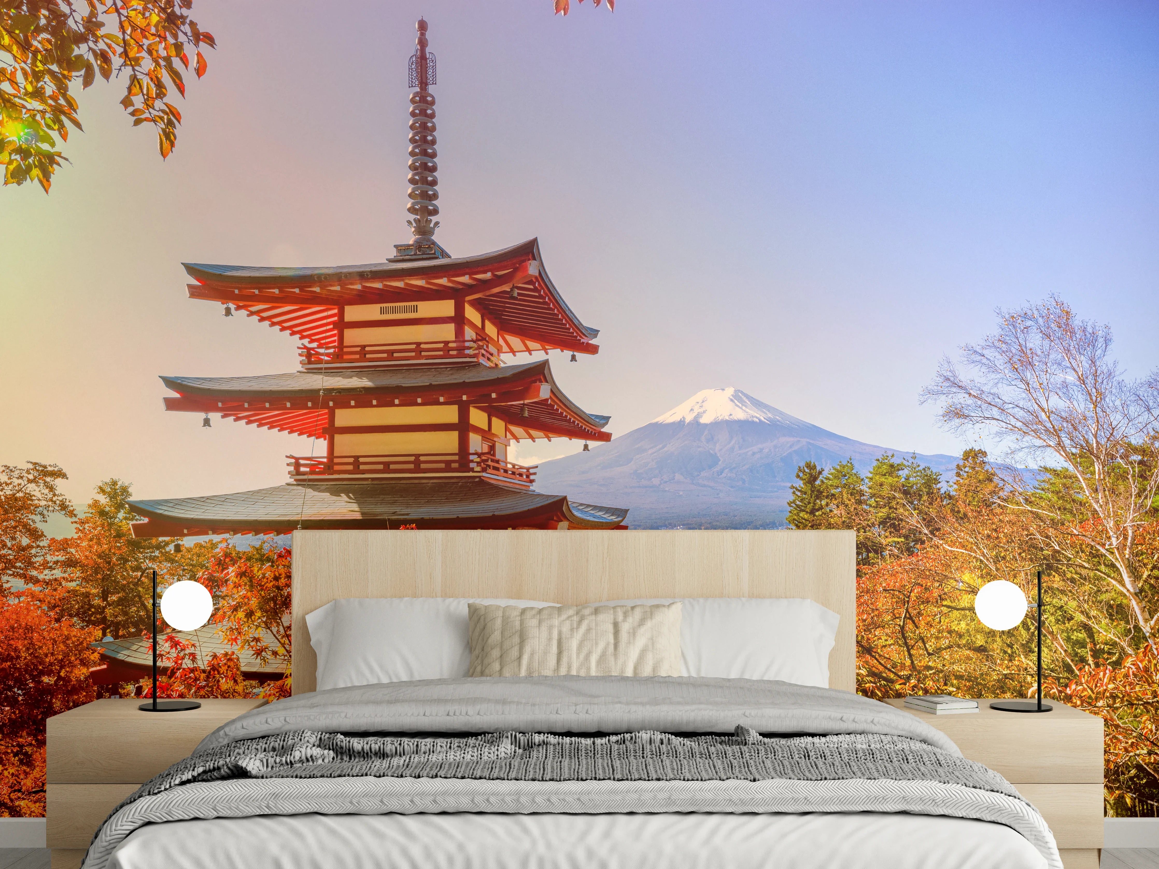 Wandverkleidung Schlafzimmer - Berg Fuji und der traditionelle Chureito-Pagodenschrein