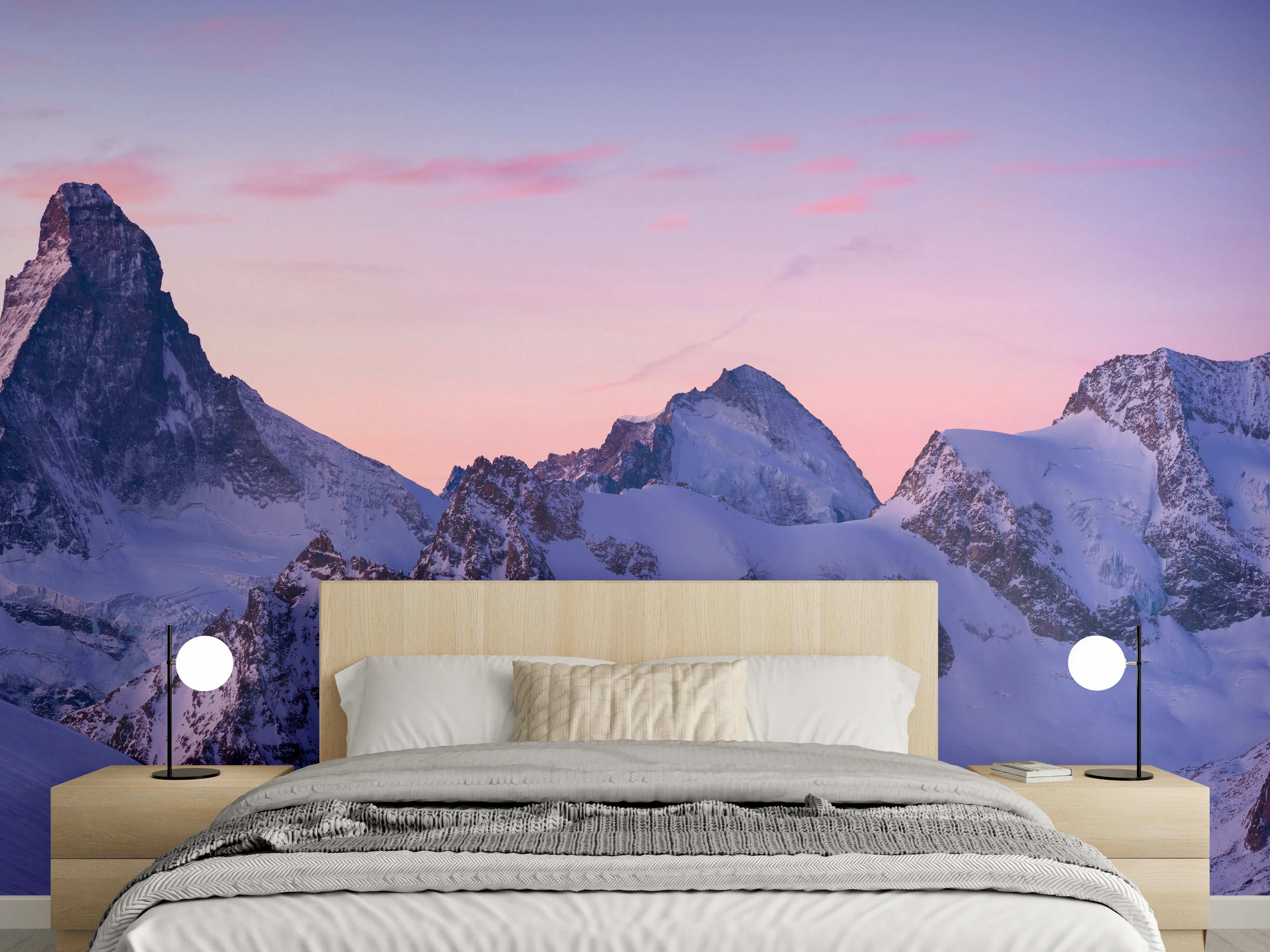 Wandverkleidung Schlafzimmer - Berge im Sonnenaufgang Panorama