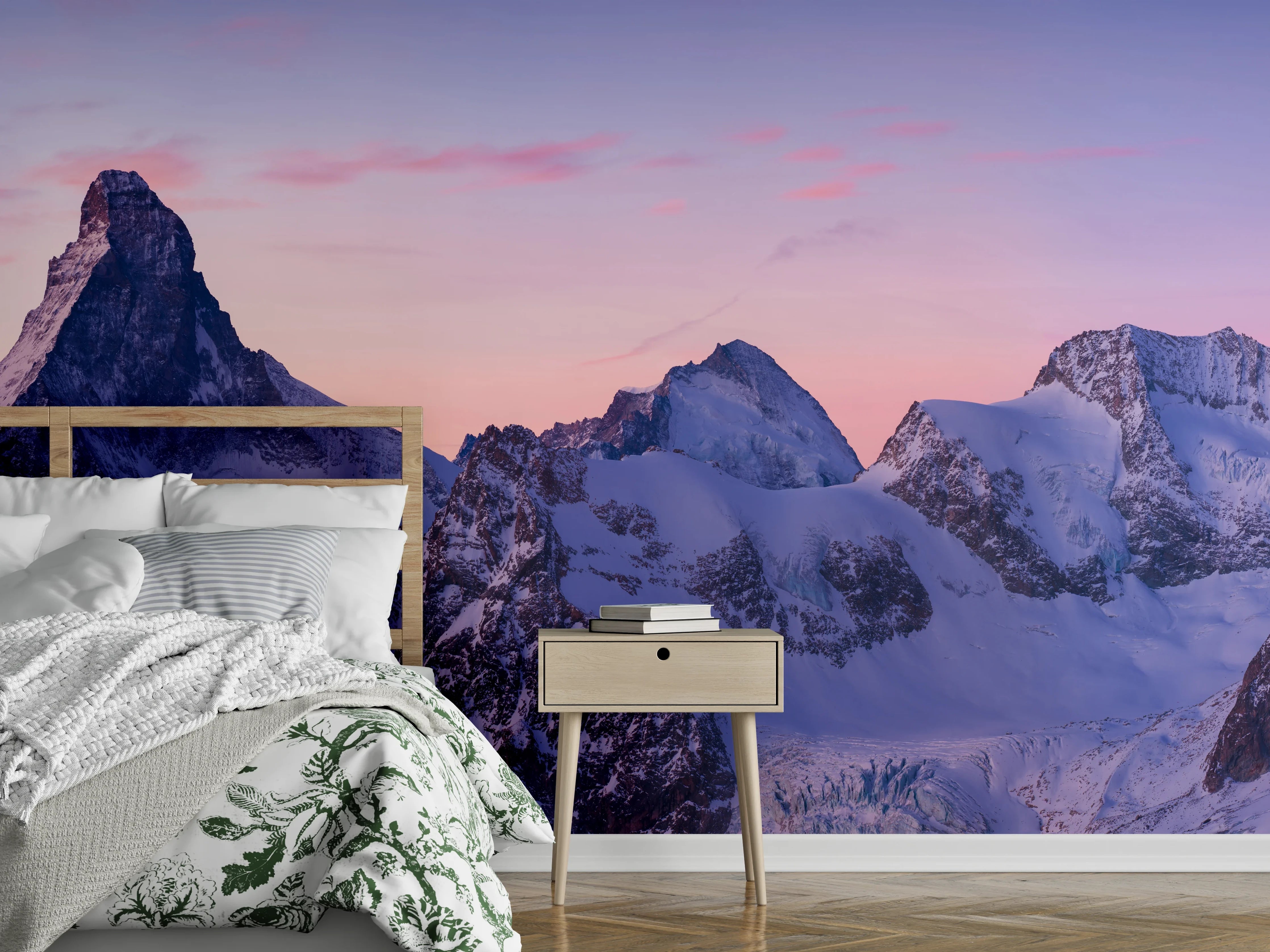 Wandverkleidung Schlafzimmer - Berge im Sonnenaufgang Panorama
