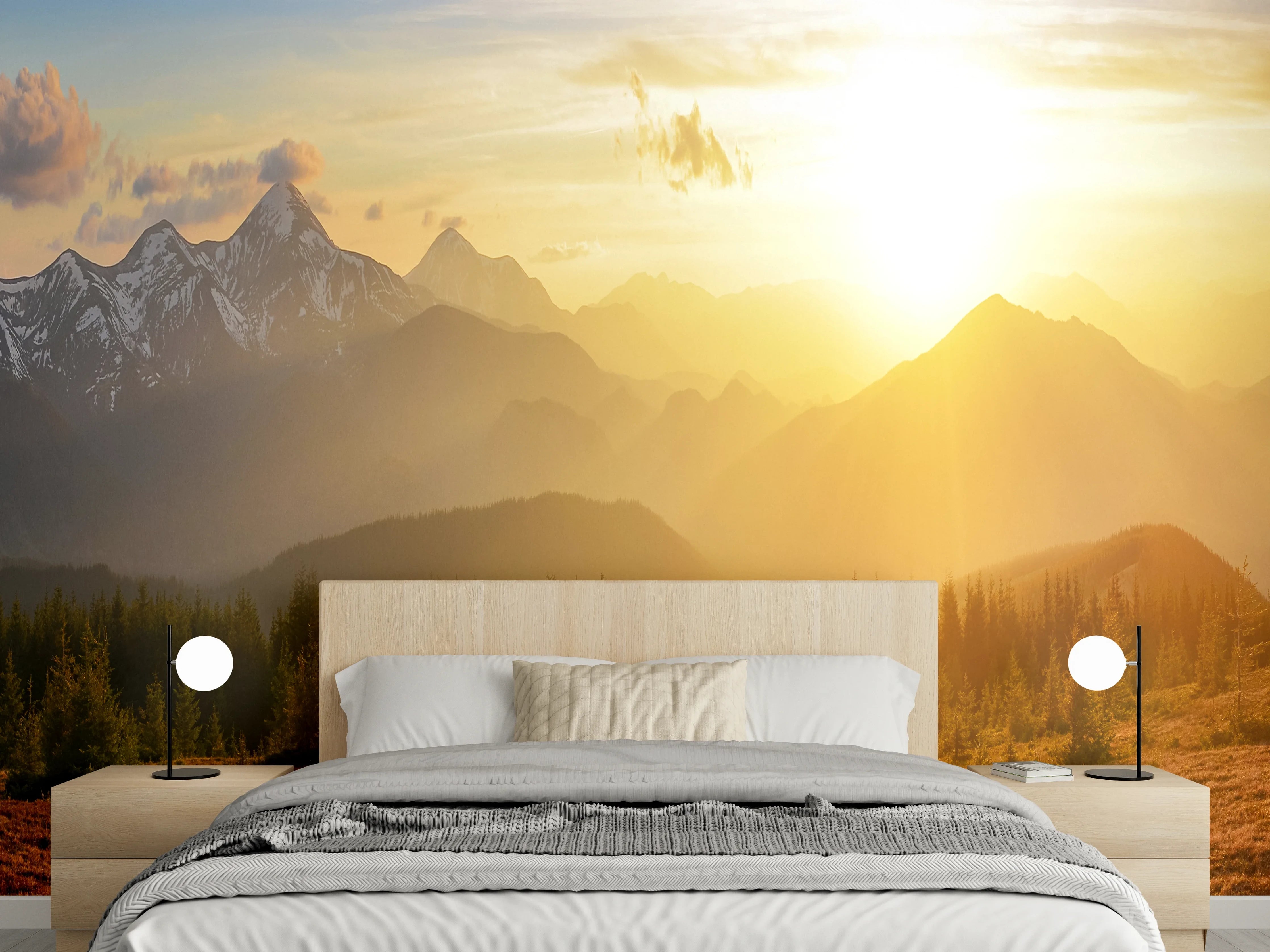 Wandverkleidung Schlafzimmer - Berge im Sonnenuntergang