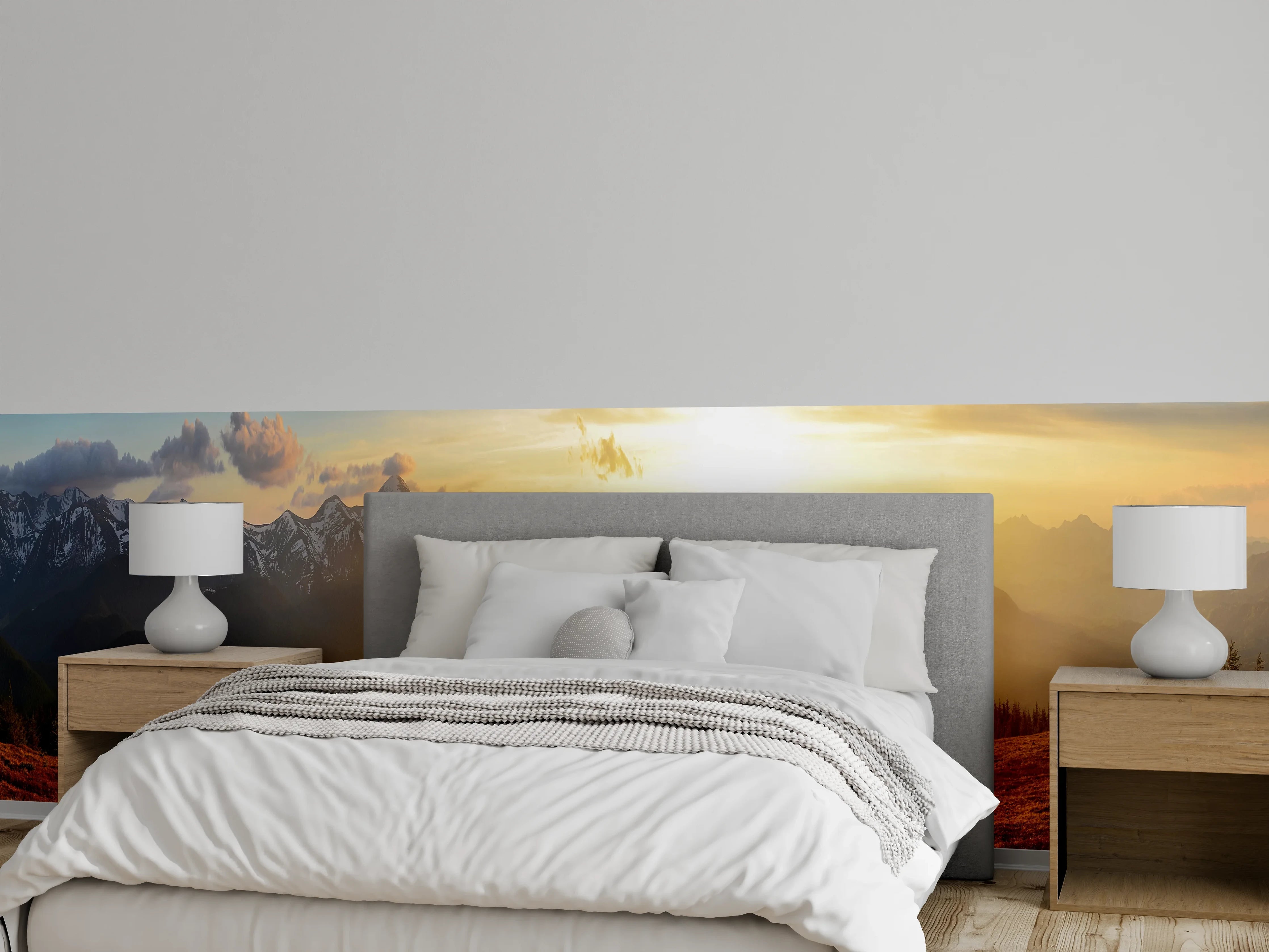 Wandverkleidung Schlafzimmer - Berge im Sonnenuntergang
