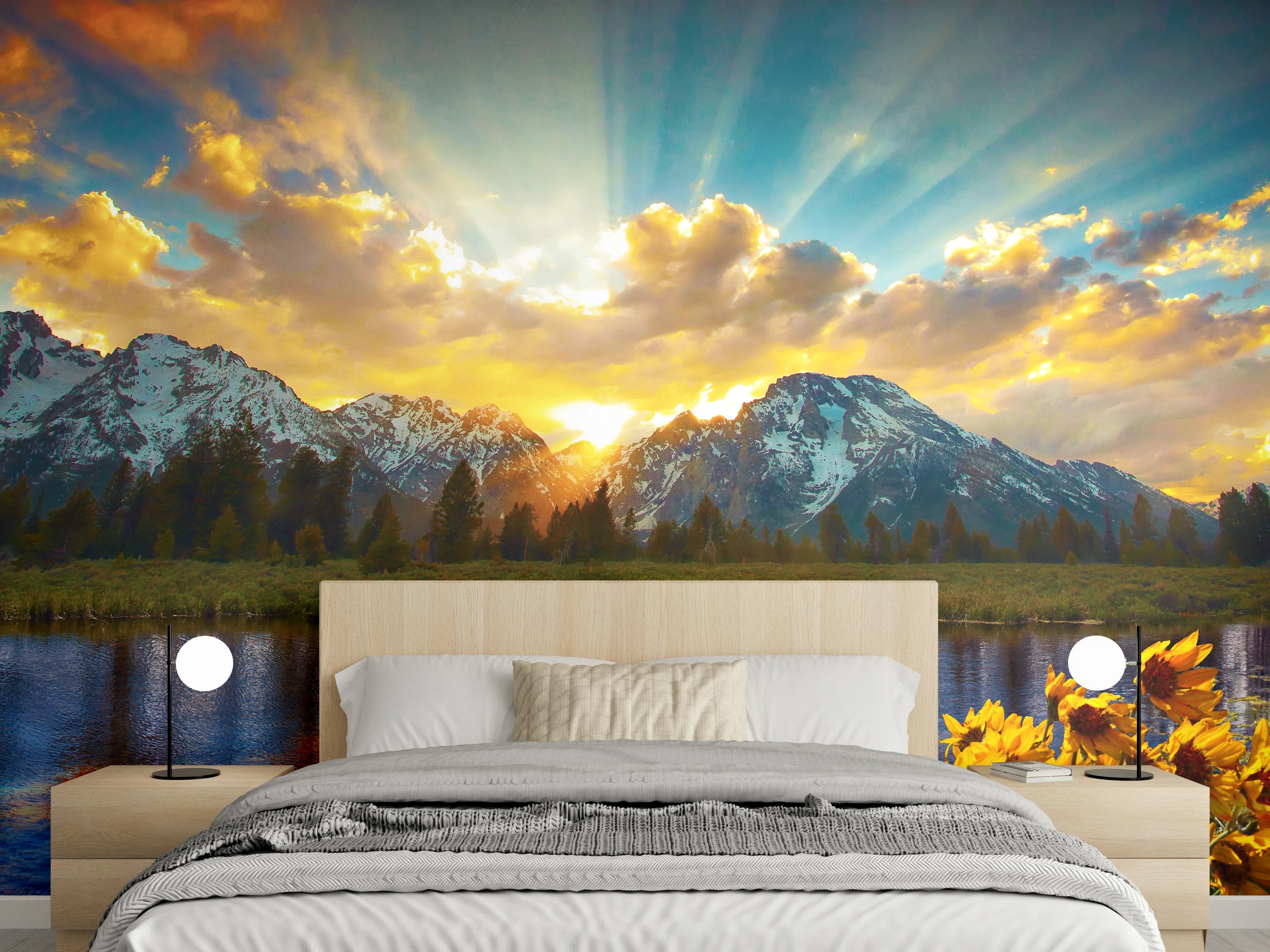Wandverkleidung Schlafzimmer - Berglandschaft am See Sonnenuntergang
