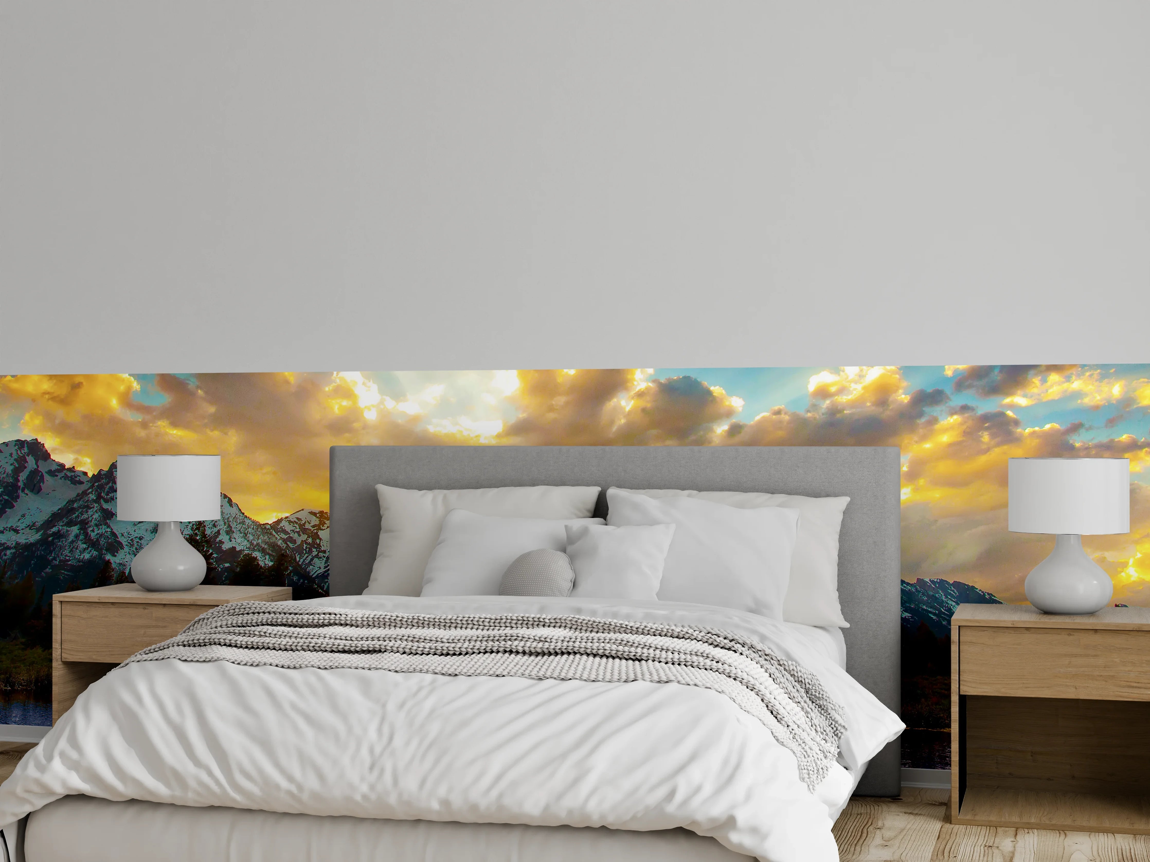 Wandverkleidung Schlafzimmer - Berglandschaft am See Sonnenuntergang