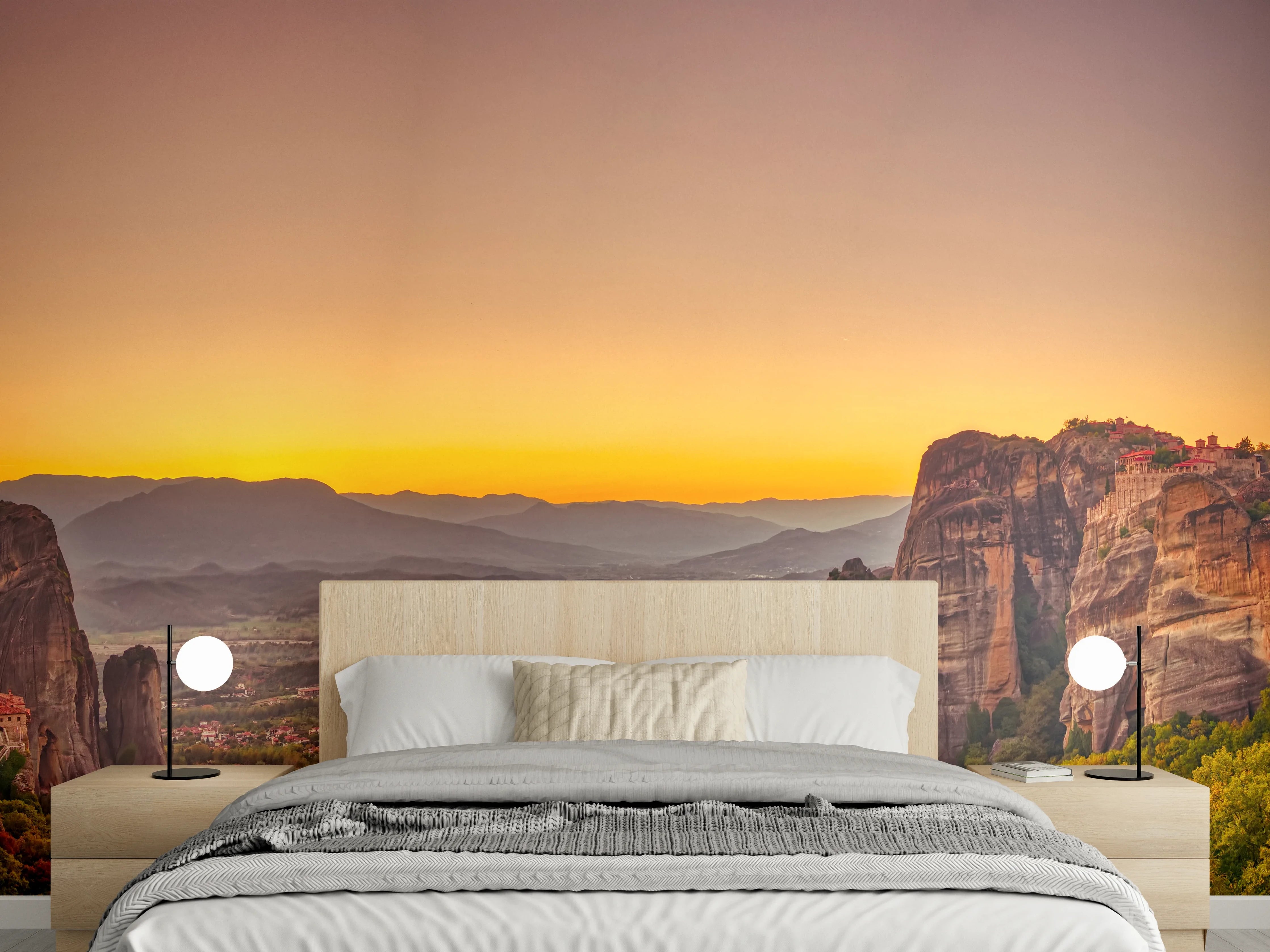 Wandverkleidung Schlafzimmer - Berglandschaft im Sonnenuntergang Panorama