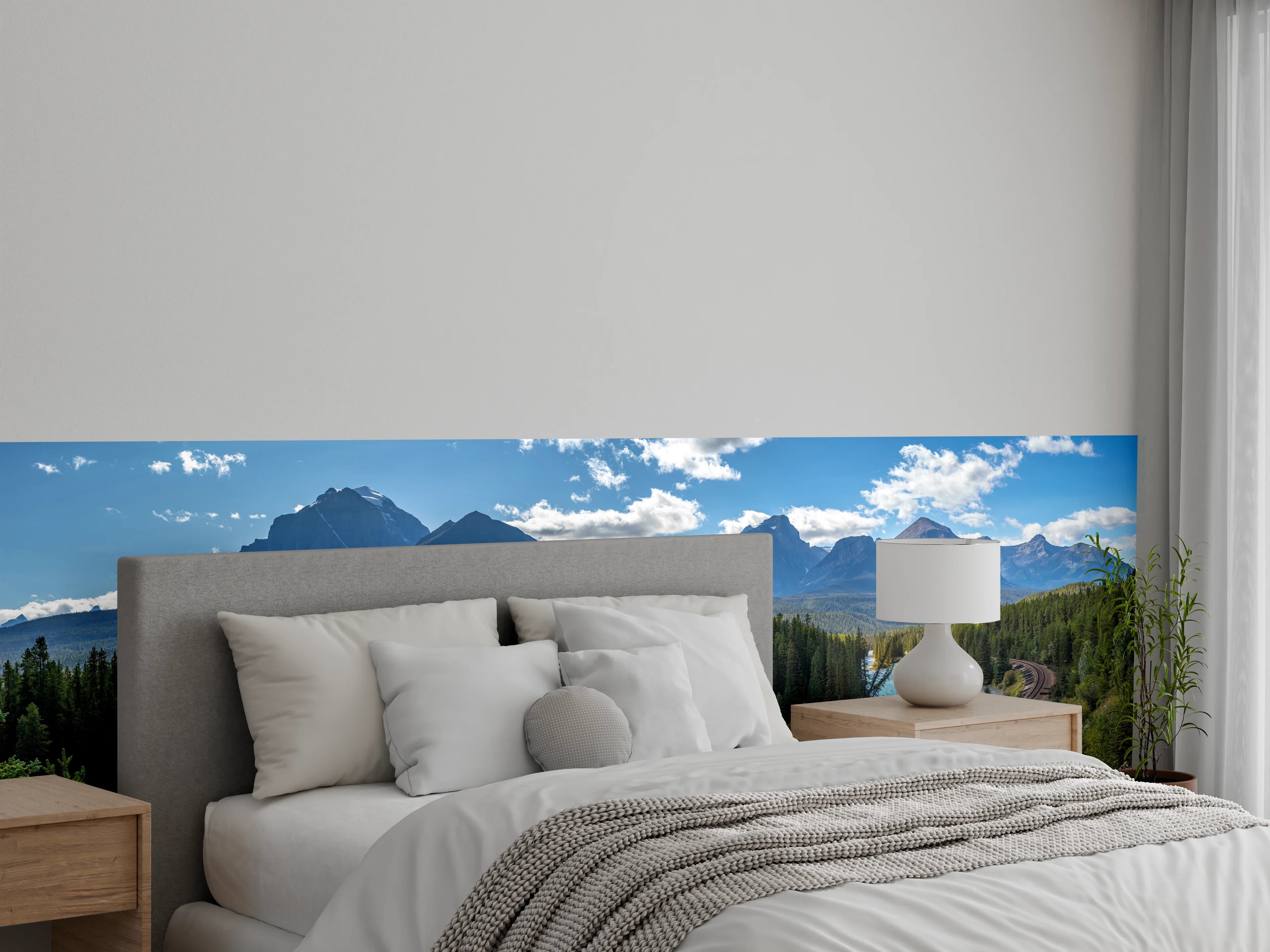 Wandverkleidung Schlafzimmer - Berglandschaft mit Fluss und Wald