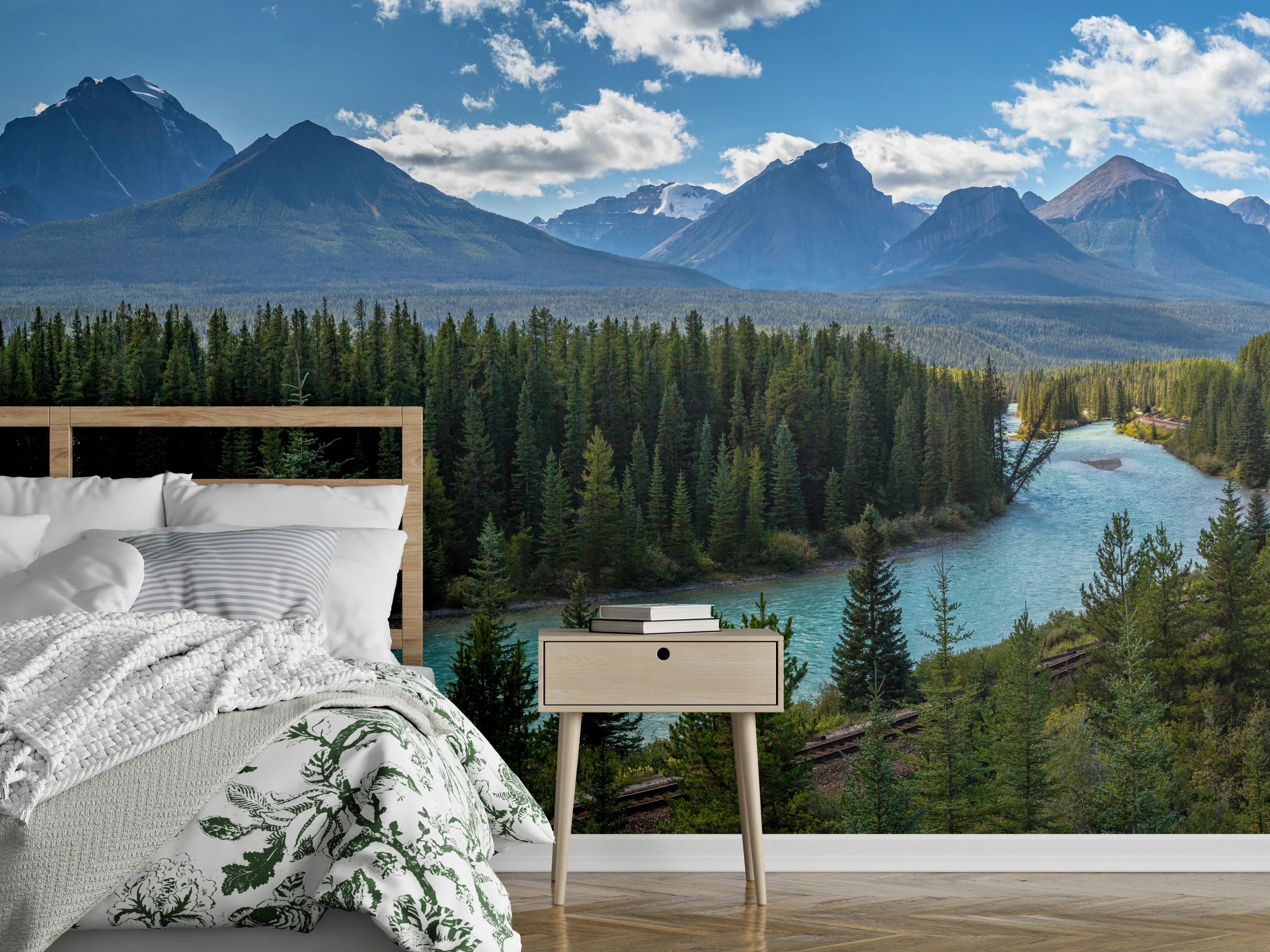 Wandverkleidung Schlafzimmer - Berglandschaft mit Fluss und Wald