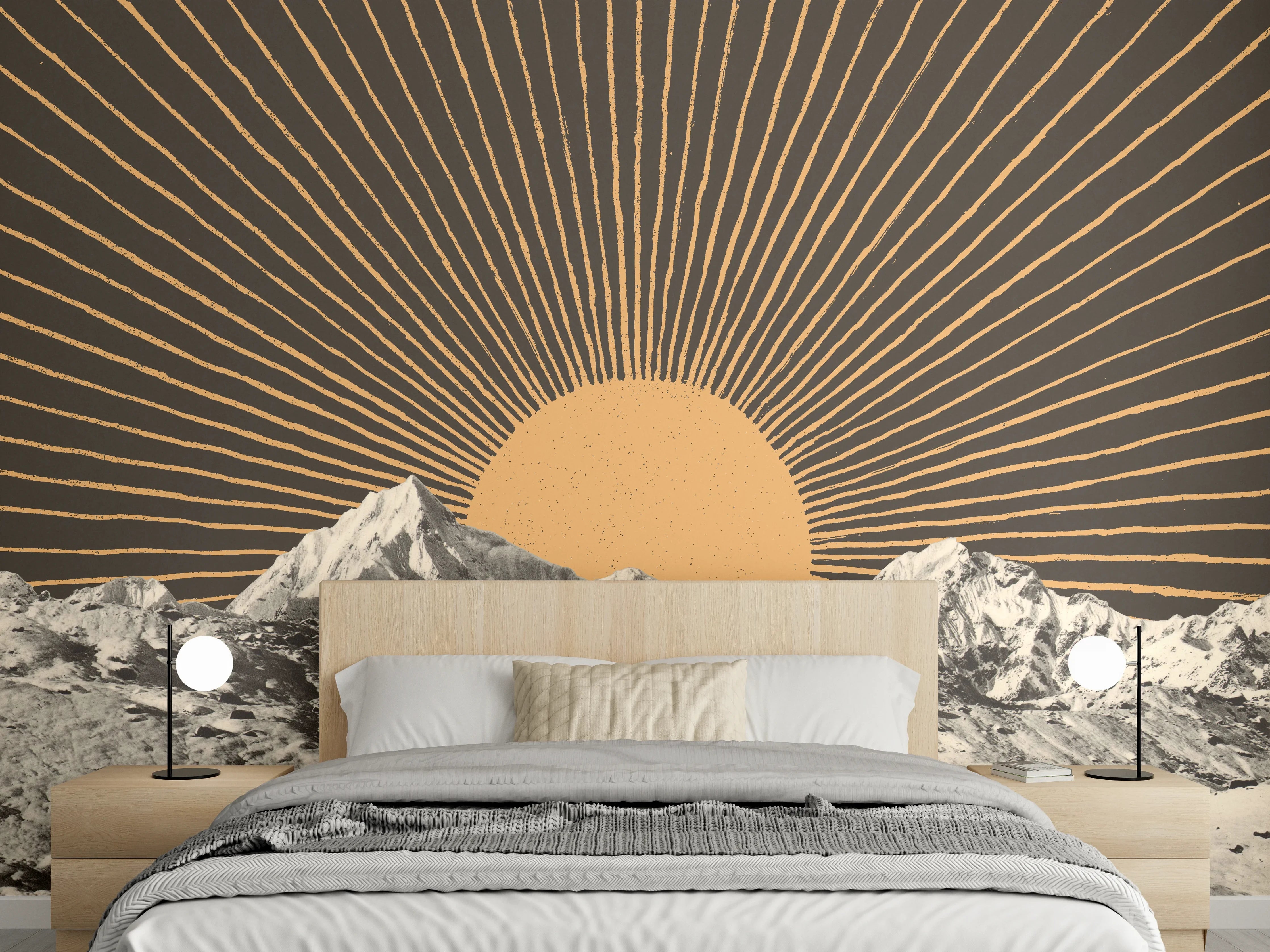 Wandverkleidung Schlafzimmer - Bergpanorama Sonnenaufgang Retro Stil