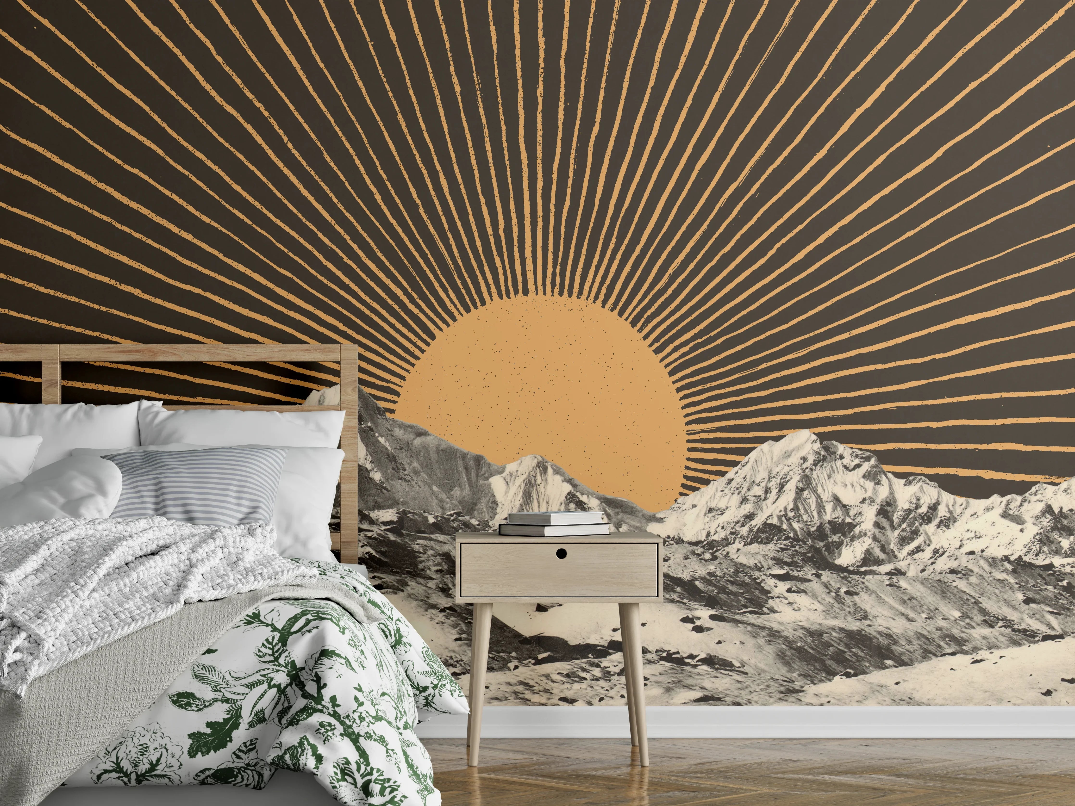 Wandverkleidung Schlafzimmer - Bergpanorama Sonnenaufgang Retro Stil