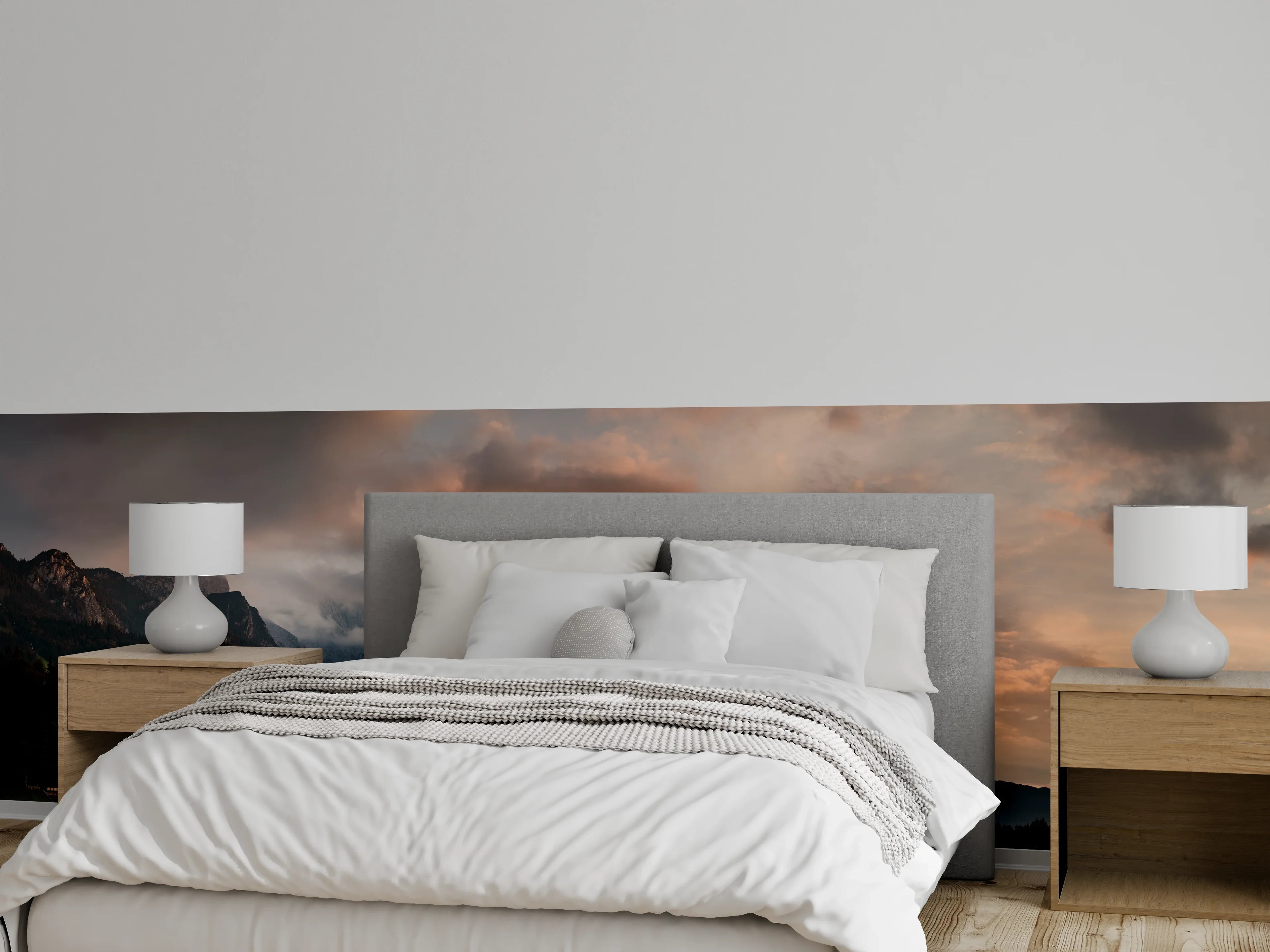 Wandverkleidung Schlafzimmer - Bergpanorama Sonnenuntergang Alpen Wiese
