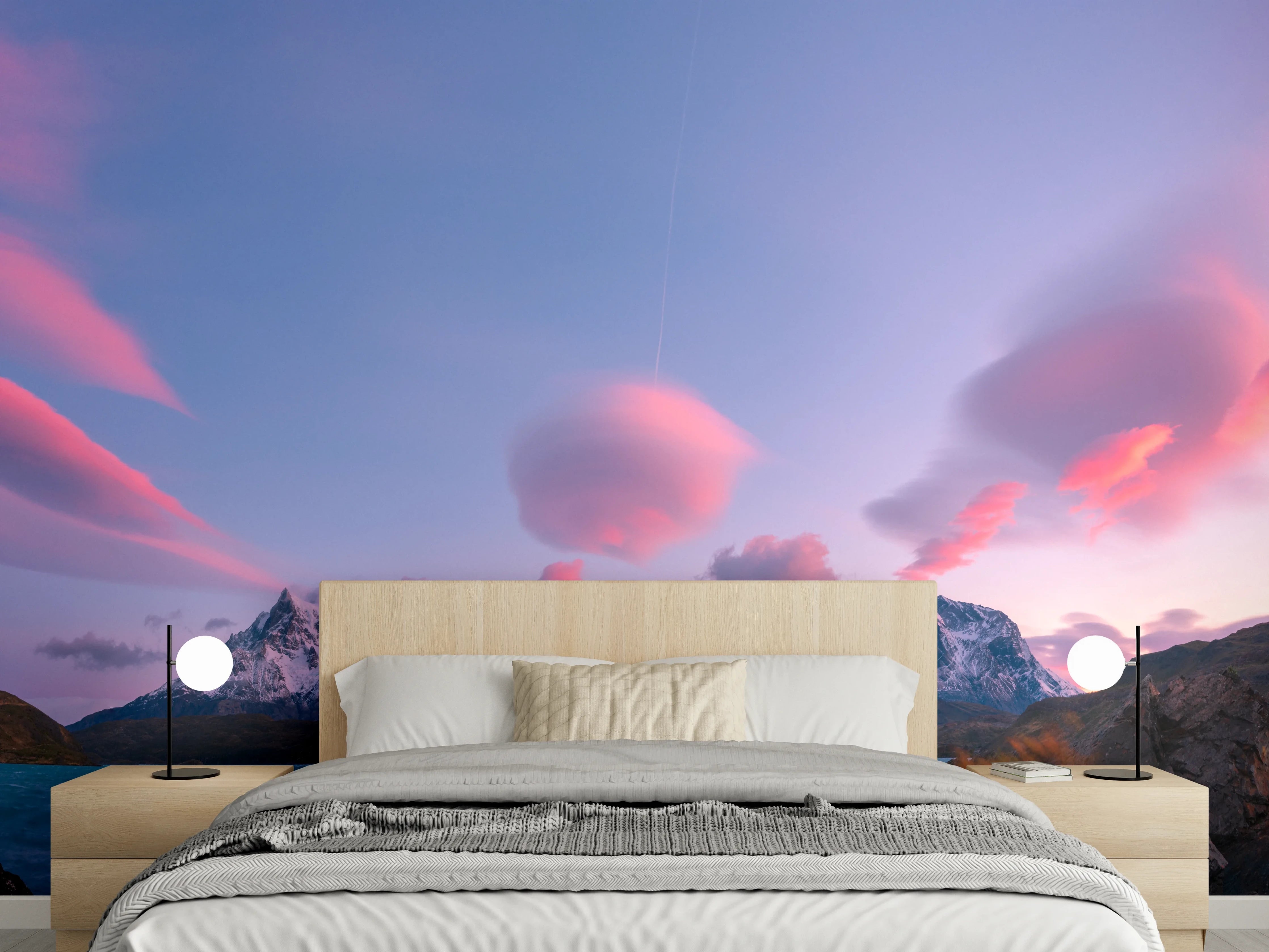 Wandverkleidung Schlafzimmer - Bergpanorama im rosa Sonnenuntergang