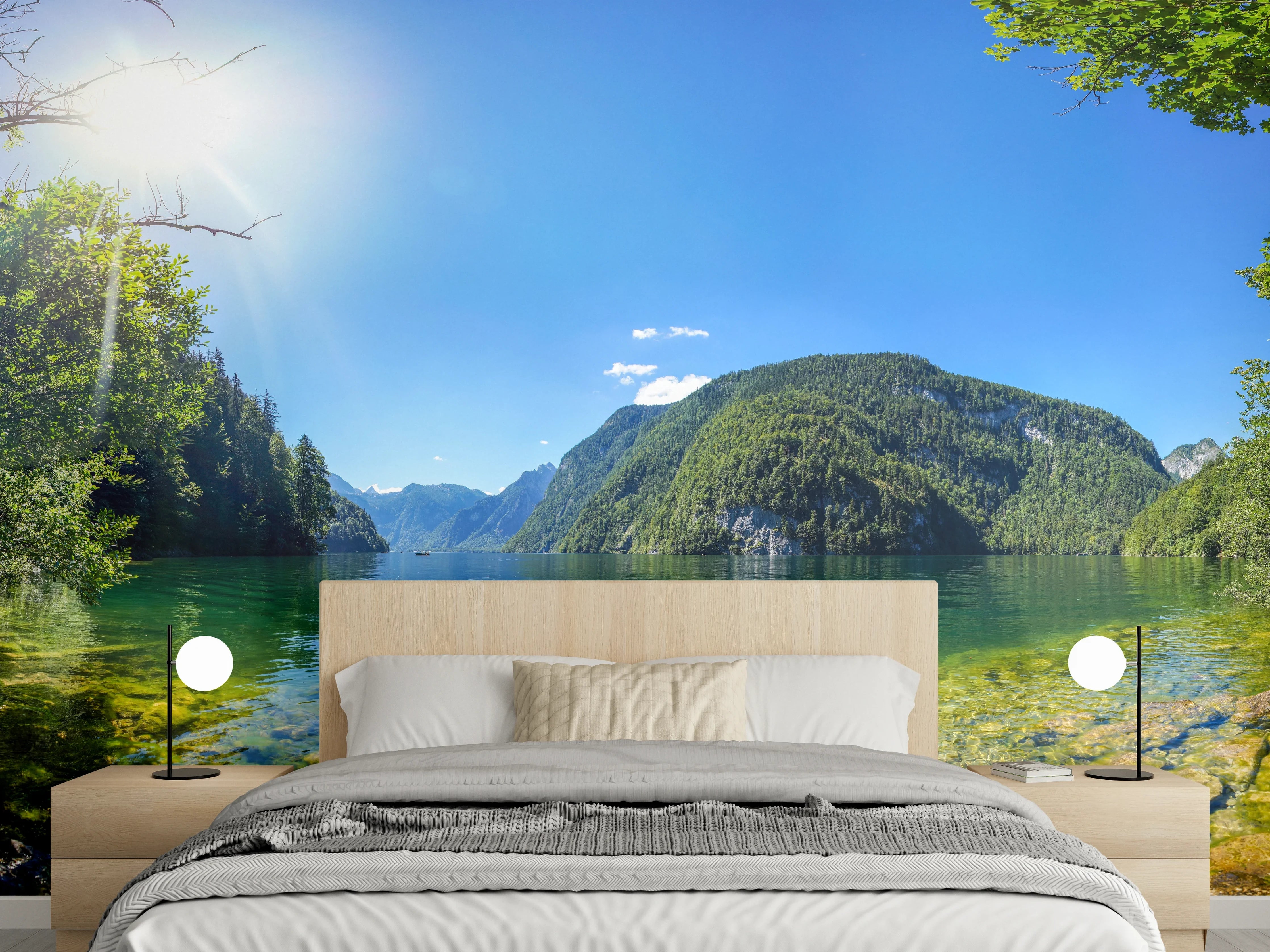 Wandverkleidung Schlafzimmer - Bergsee-Panorama Sonnenlicht