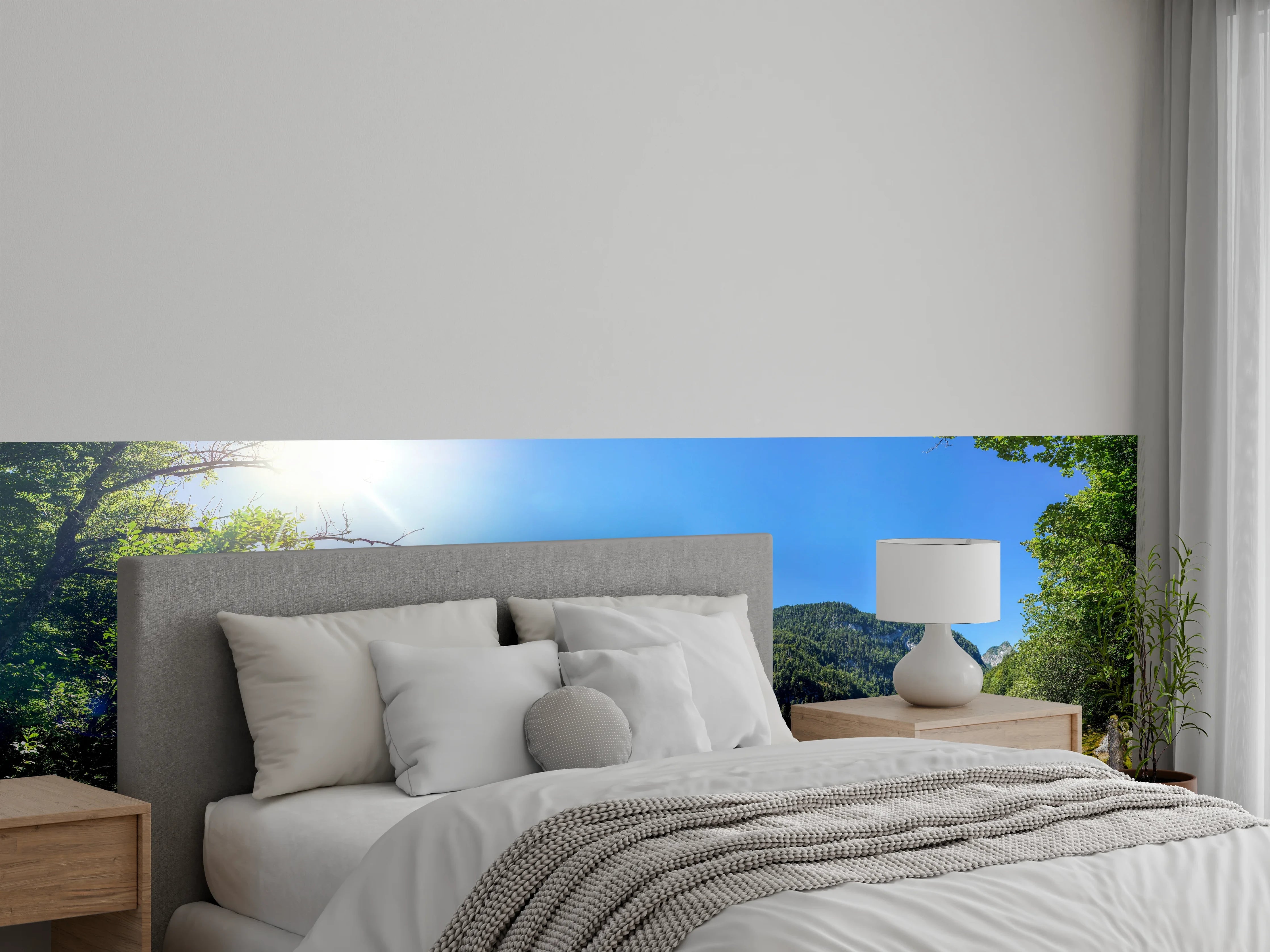 Wandverkleidung Schlafzimmer - Bergsee-Panorama Sonnenlicht