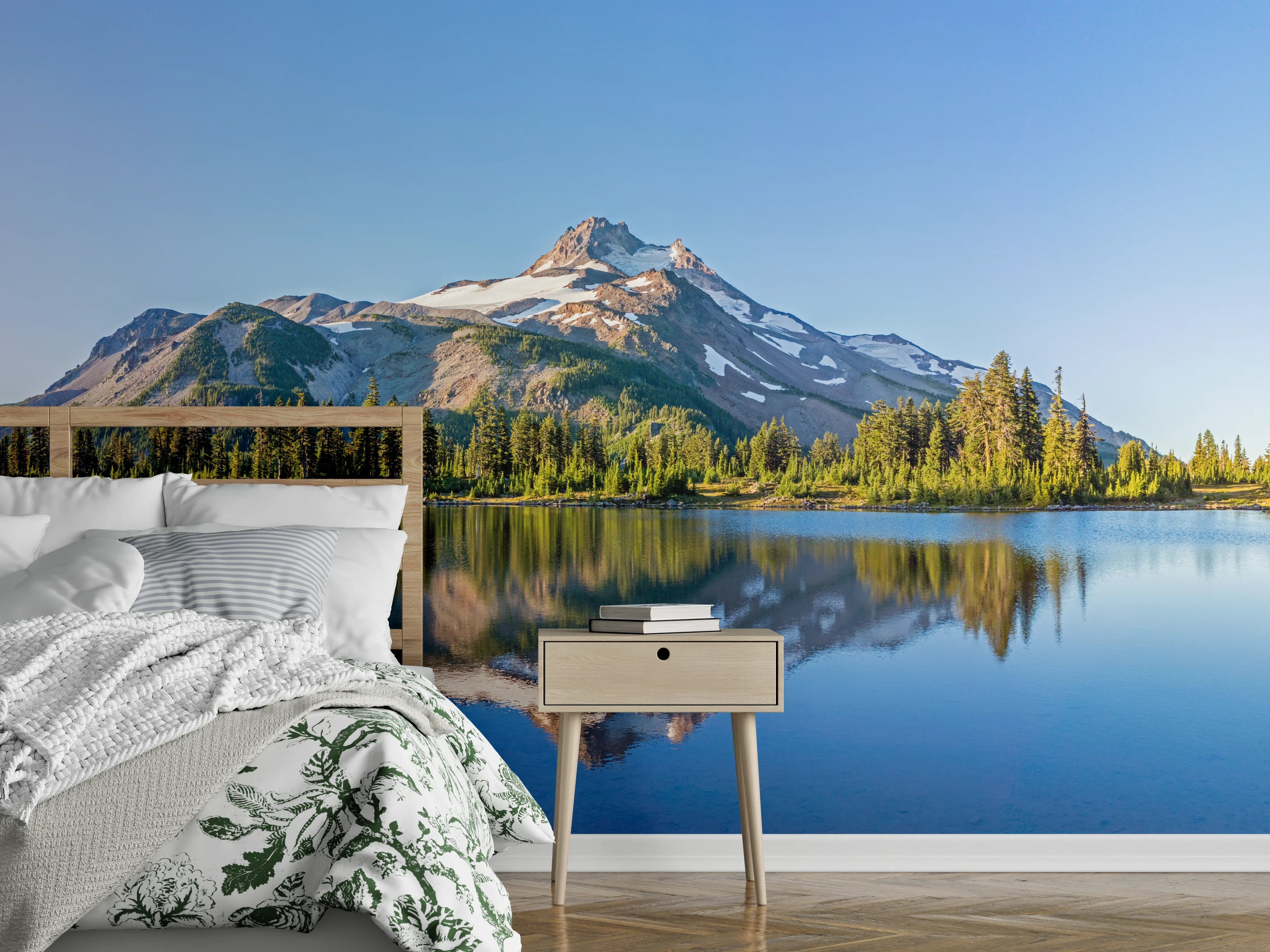 Wandverkleidung Schlafzimmer - Bergsee Panorama Spiegelung Wandbild