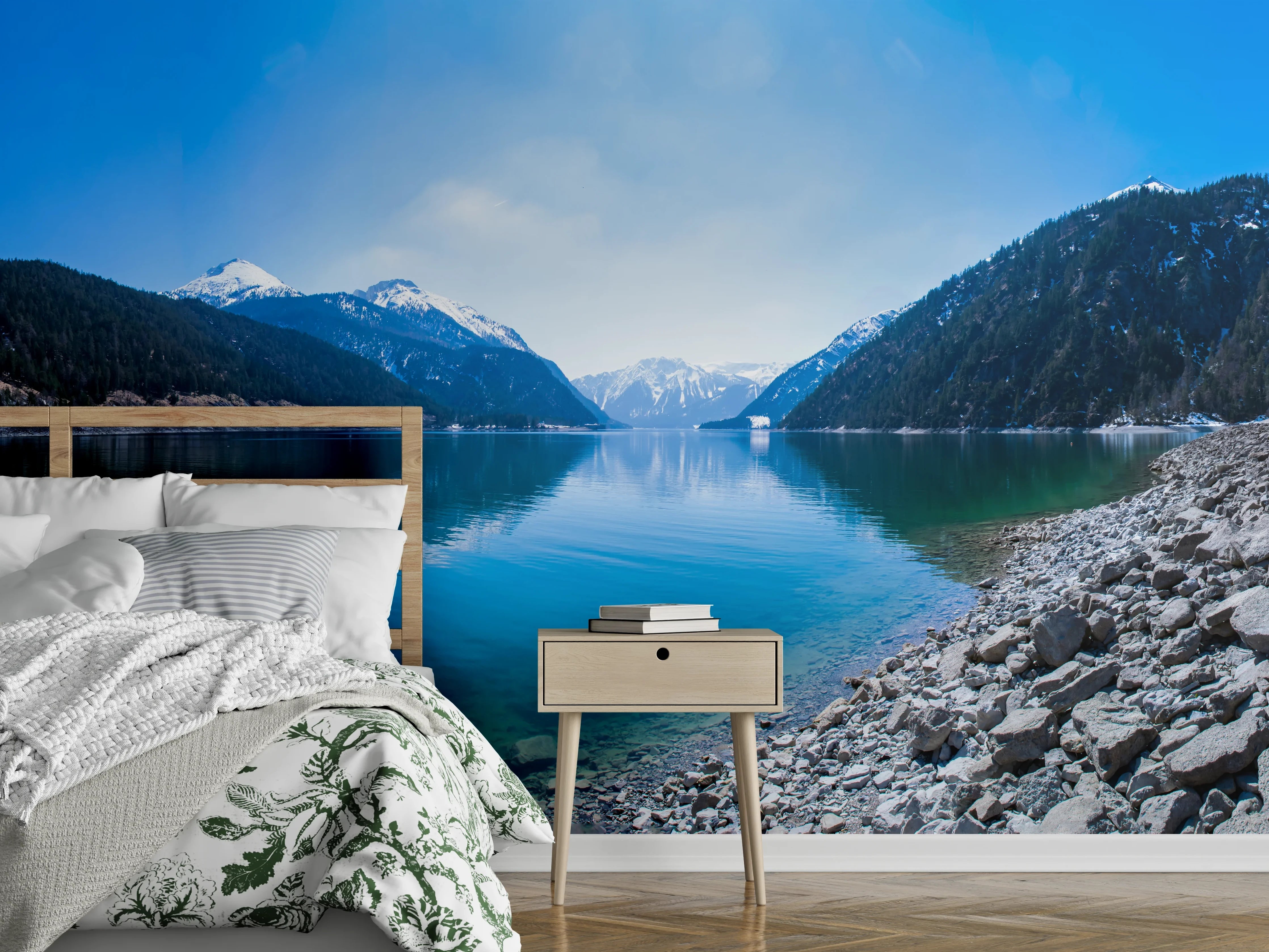 Wandverkleidung Schlafzimmer - Bergsee Panorama – Ruhe & Natur