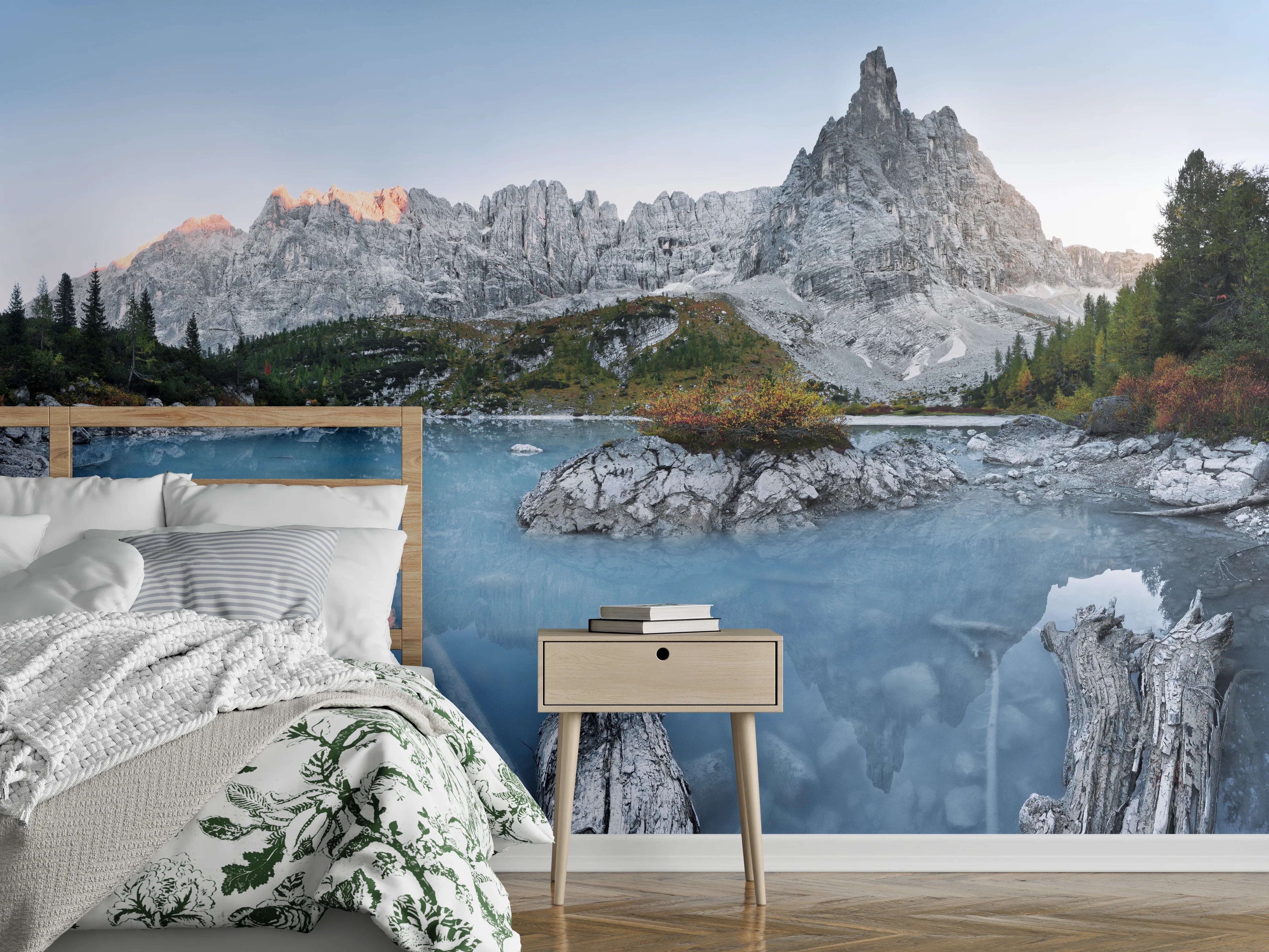 Wandverkleidung Schlafzimmer - Bergsee Panorama mit Dolomiten