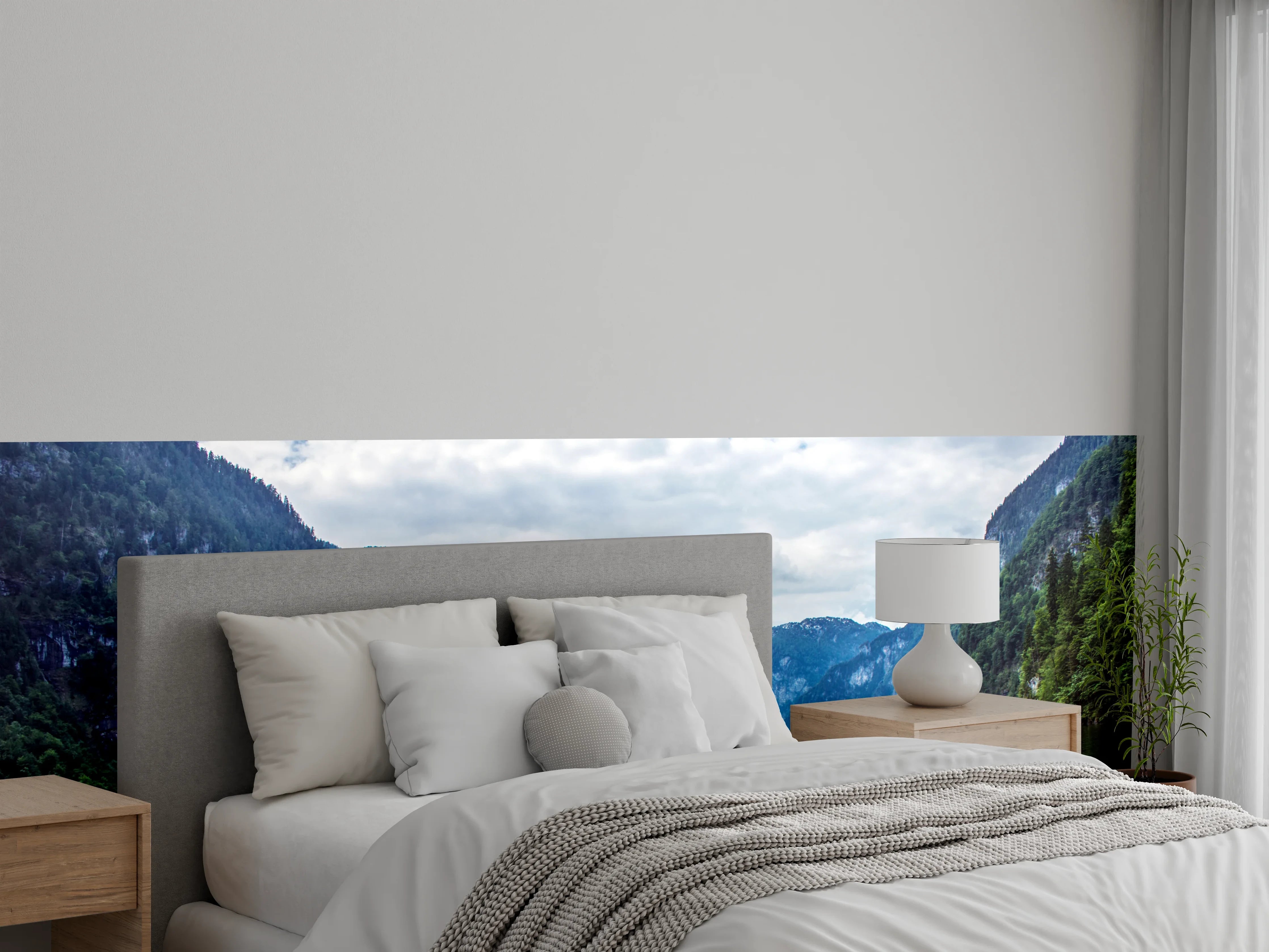 Wandverkleidung Schlafzimmer - Bergsee Panorama mit Wasserfall