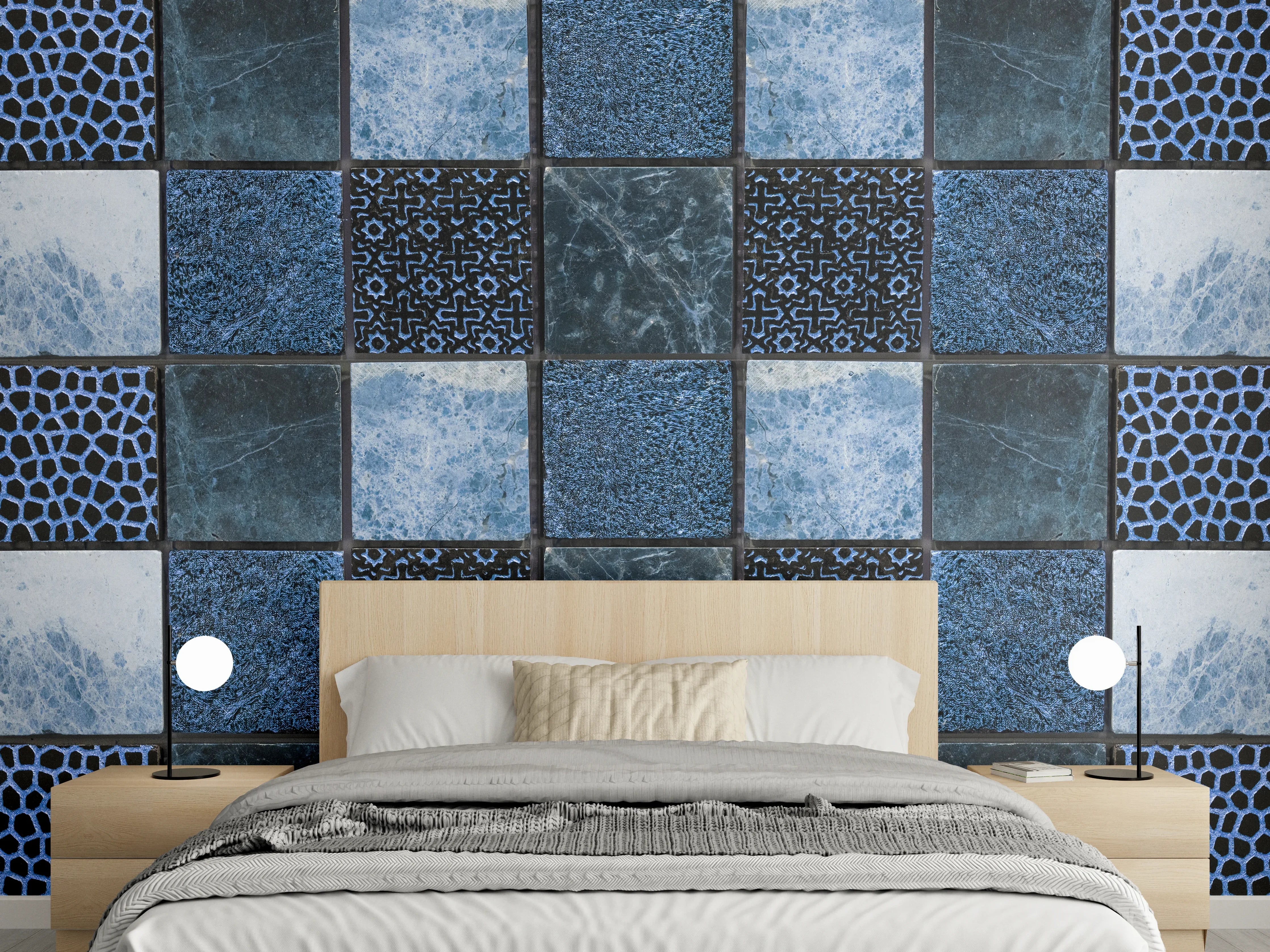 Wandverkleidung Schlafzimmer - Bläuliche quadratische Mosaiktextur