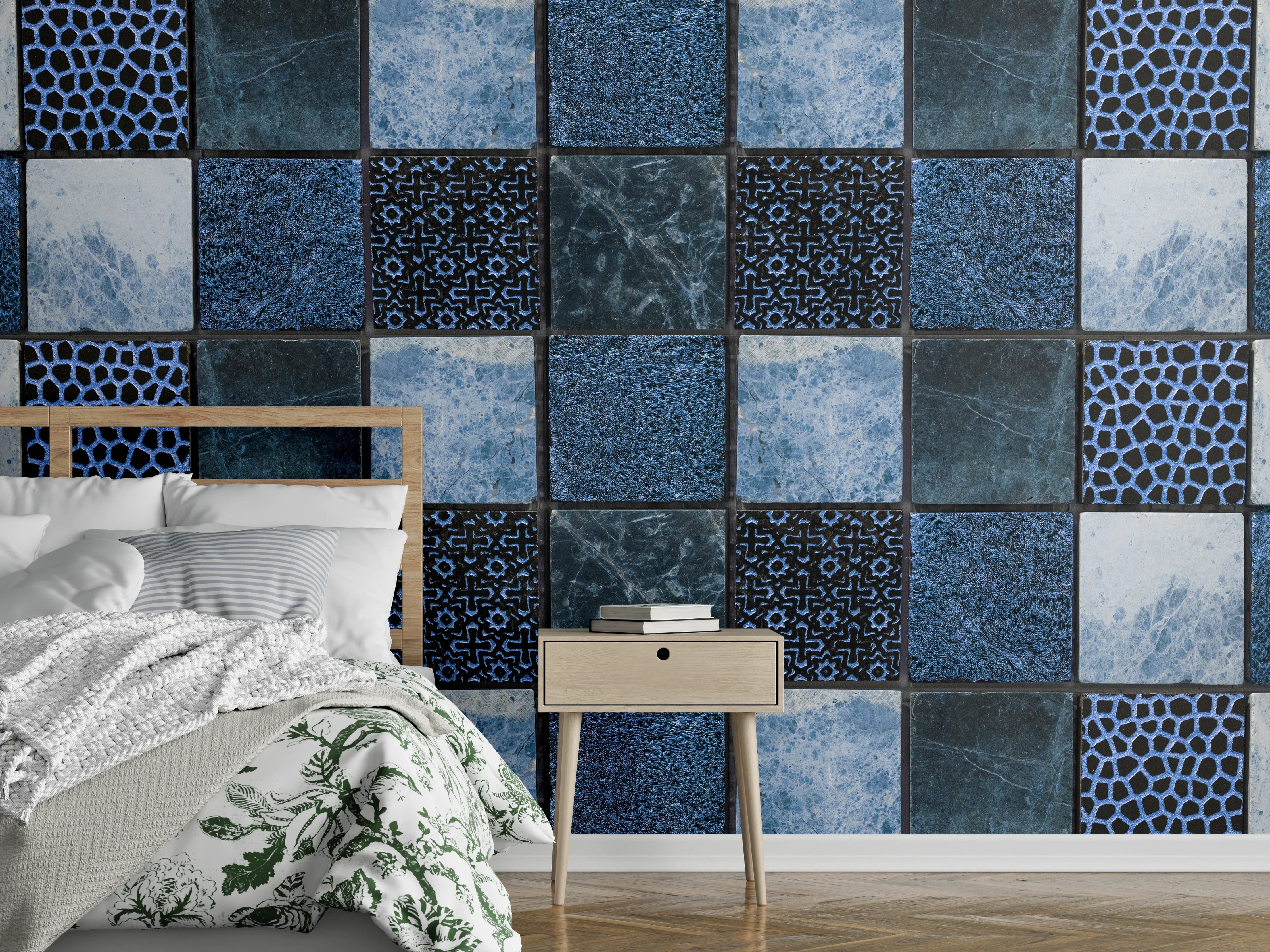 Wandverkleidung Schlafzimmer - Bläuliche quadratische Mosaiktextur