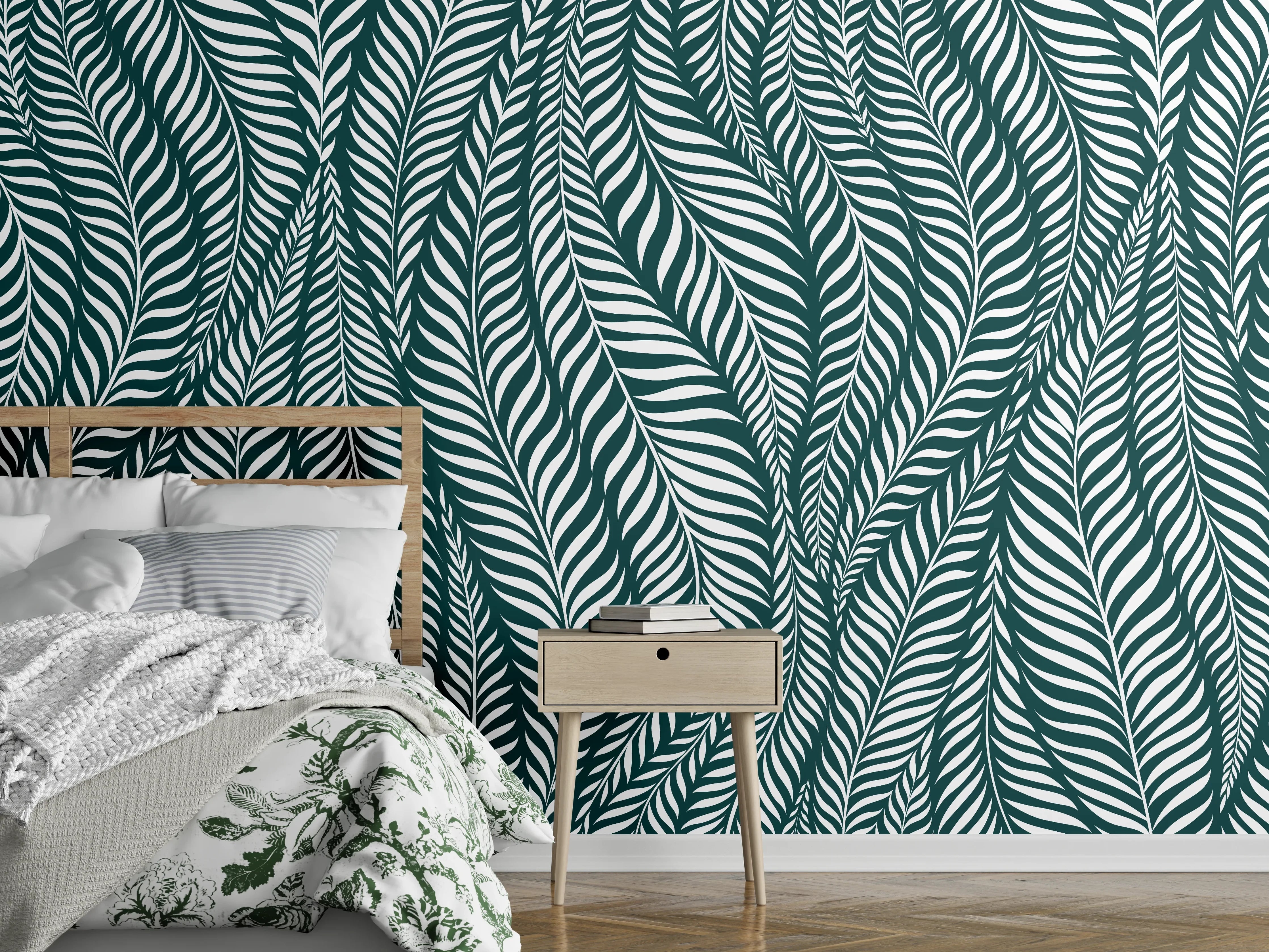 Wandverkleidung Schlafzimmer - Blattmuster Grün-Weiß Wanddeko Modern
