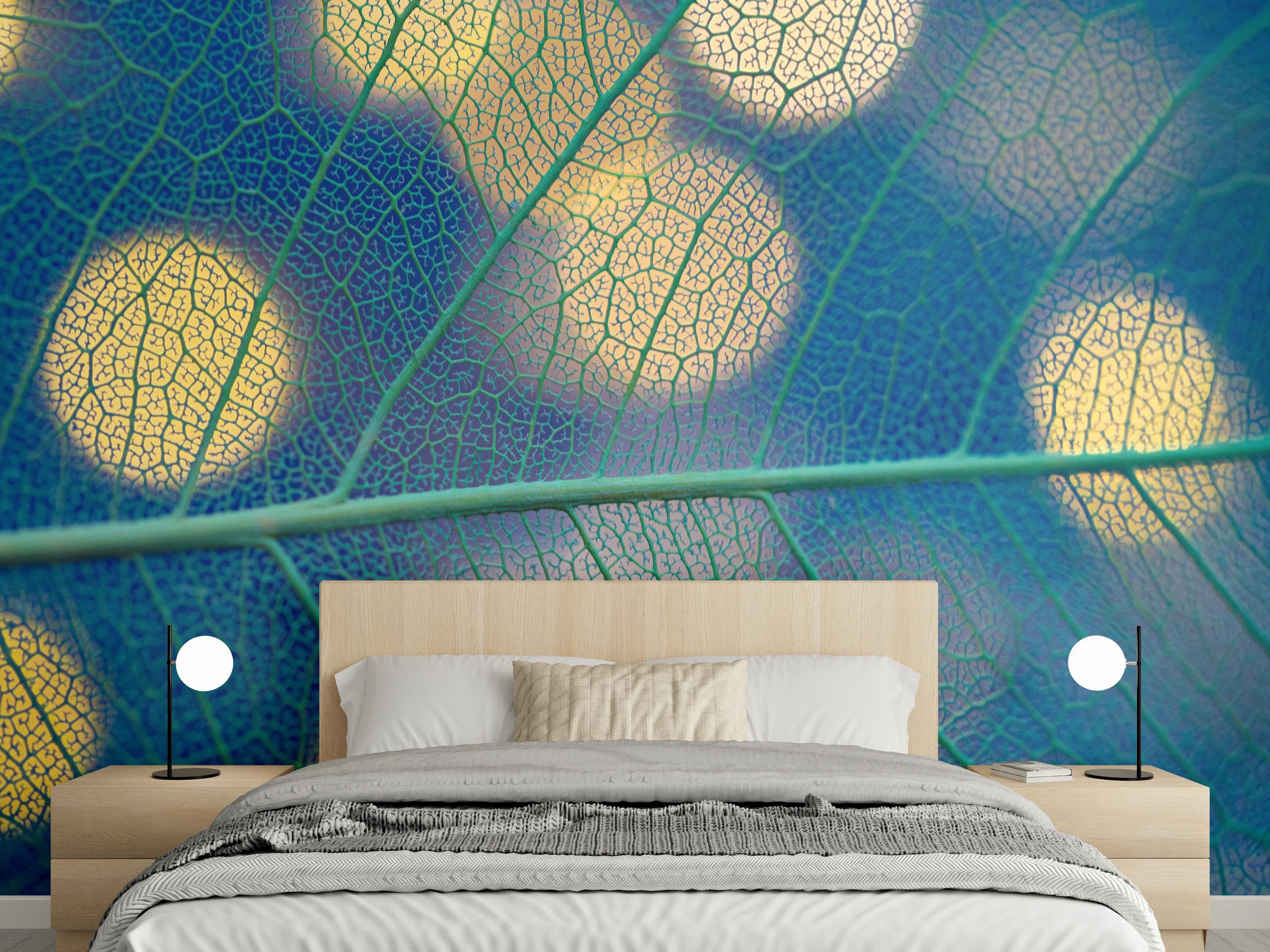 Wandverkleidung Schlafzimmer - Blattstruktur mit Bokeh-Effekt