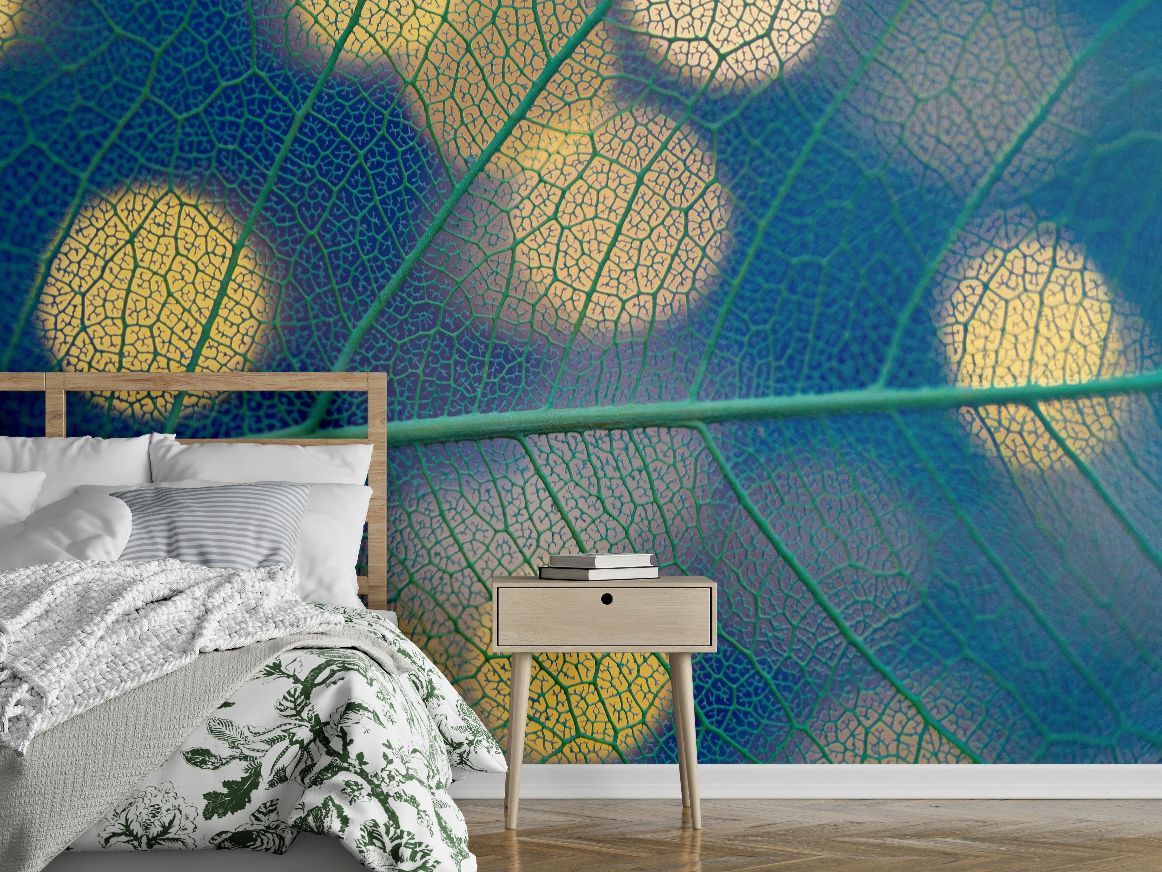 Wandverkleidung Schlafzimmer - Blattstruktur mit Bokeh-Effekt