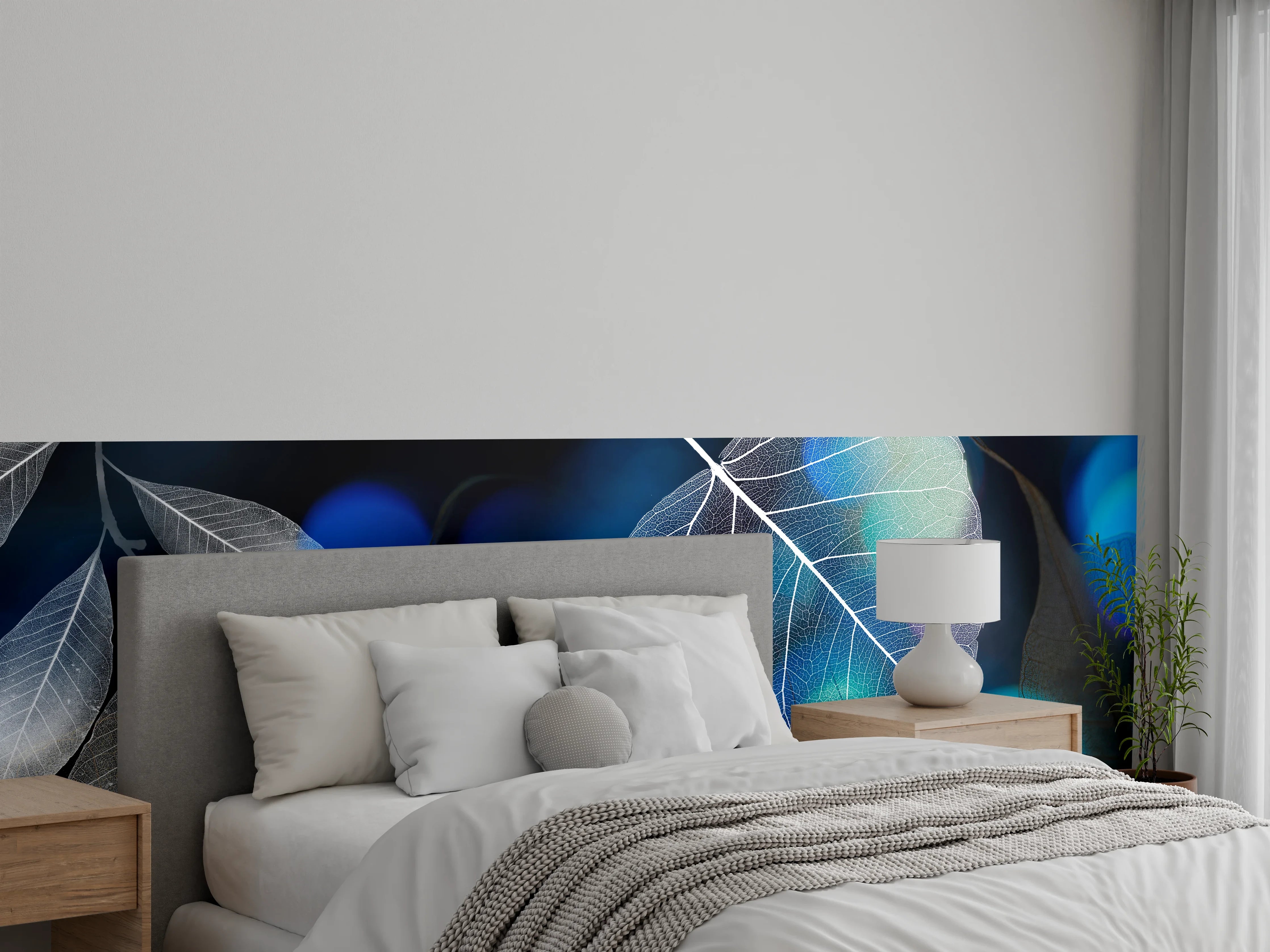 Wandverkleidung Schlafzimmer - Blattstruktur mit Lichtbokeh Effekt
