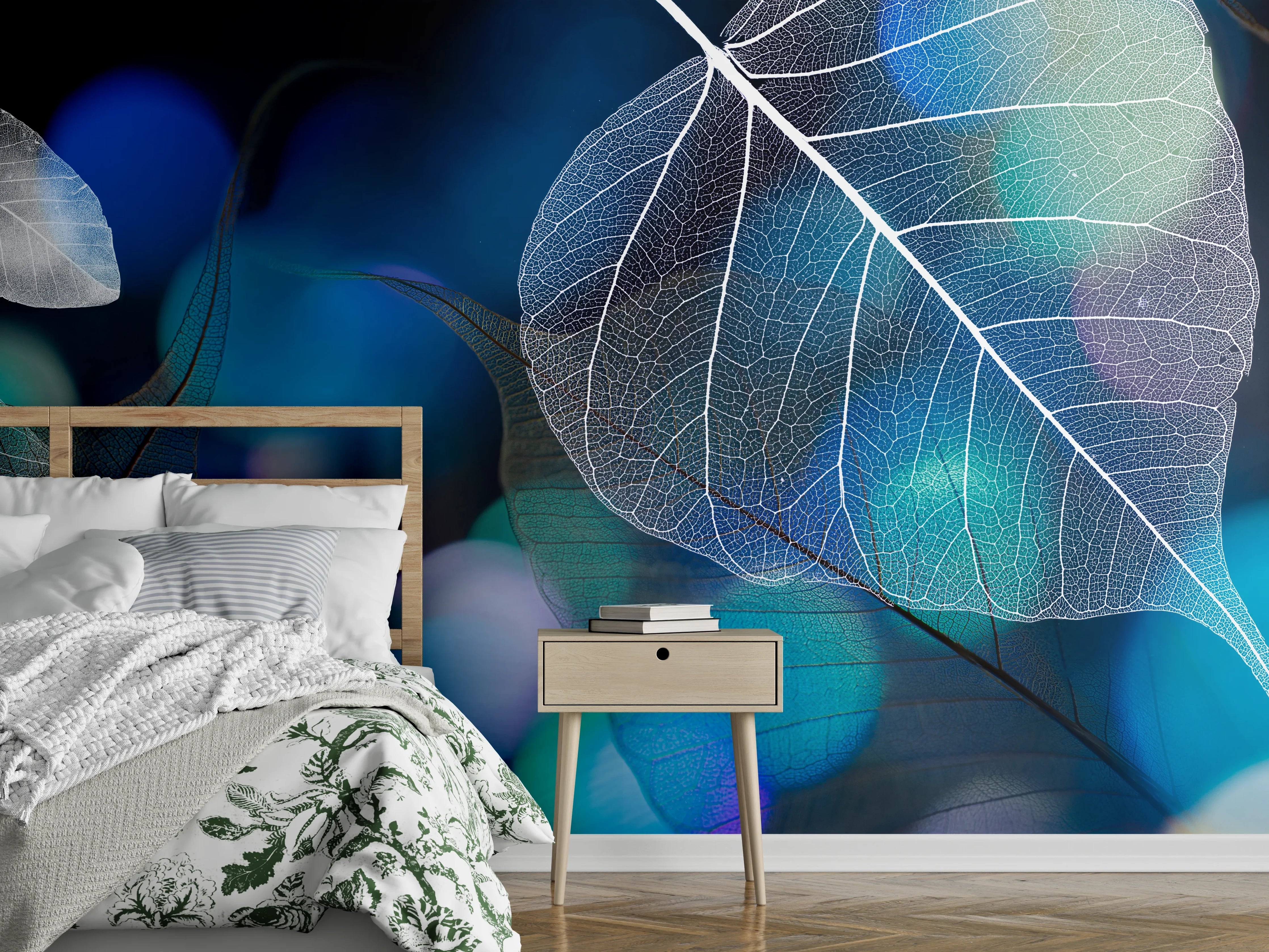 Wandverkleidung Schlafzimmer - Blattstruktur mit Lichtbokeh Effekt