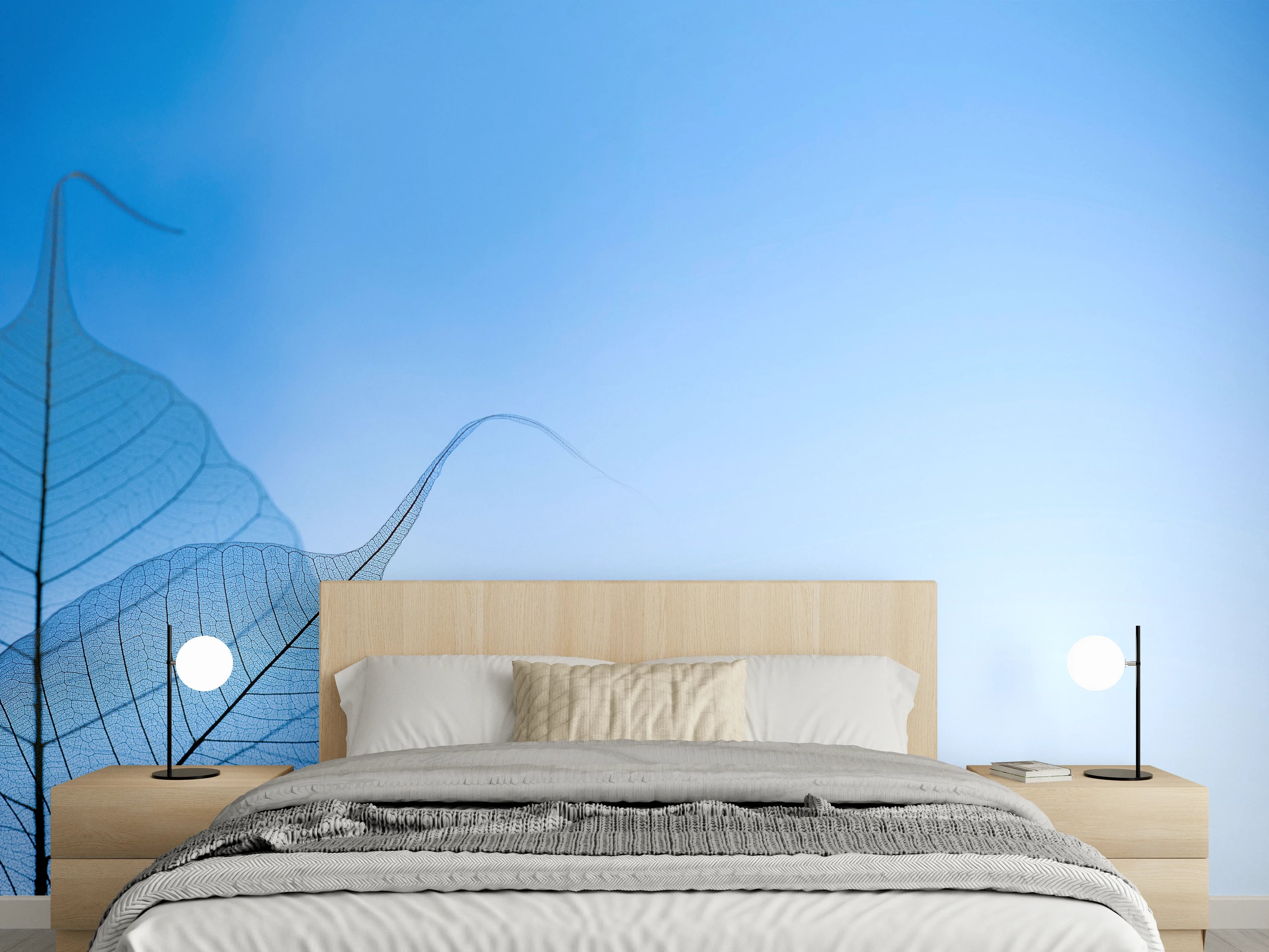 Wandverkleidung Schlafzimmer - Blattstruktur vor himmelblauem Hintergrund
