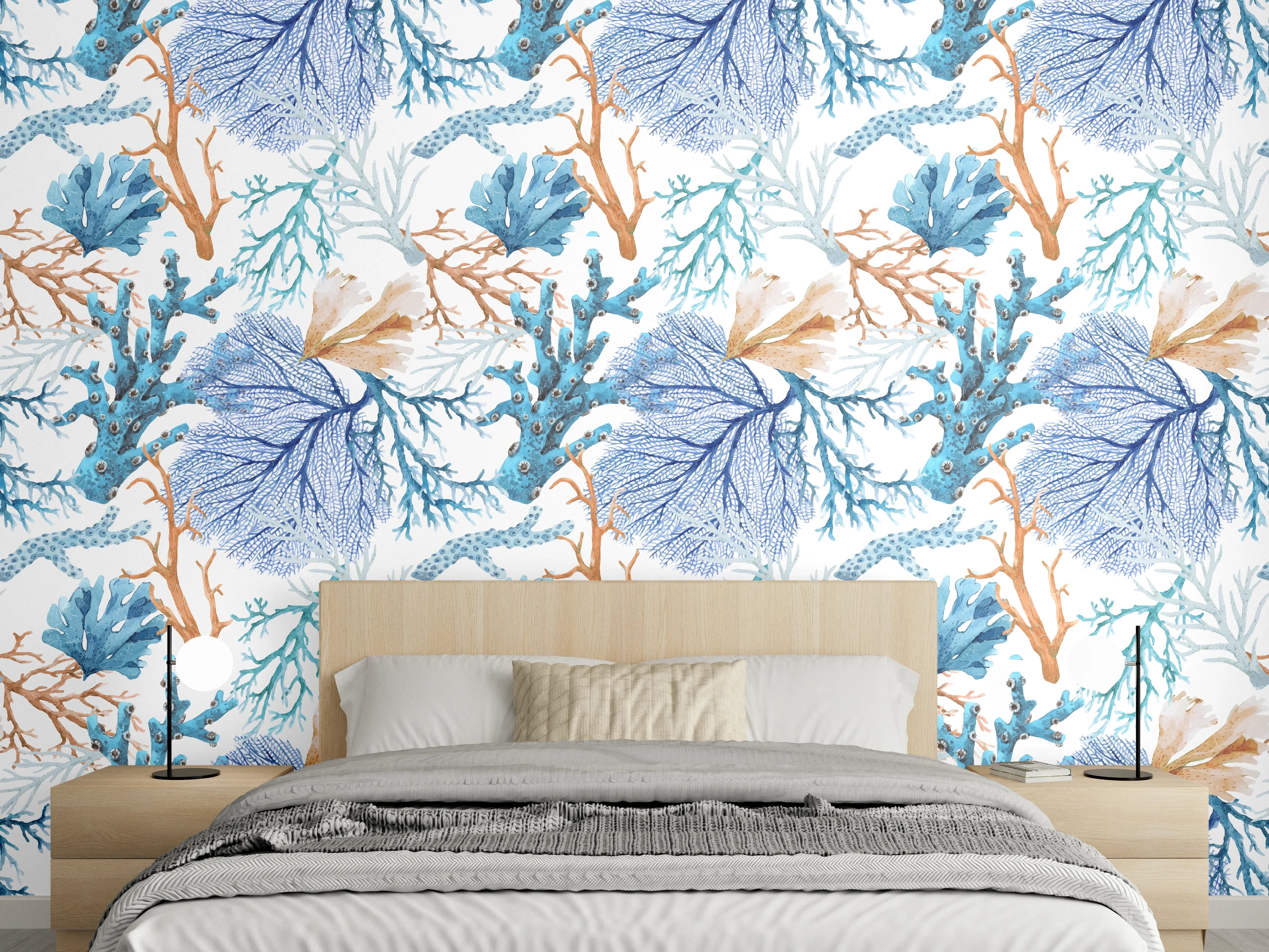 Wandverkleidung Schlafzimmer - Blau-Beige Korallenmuster