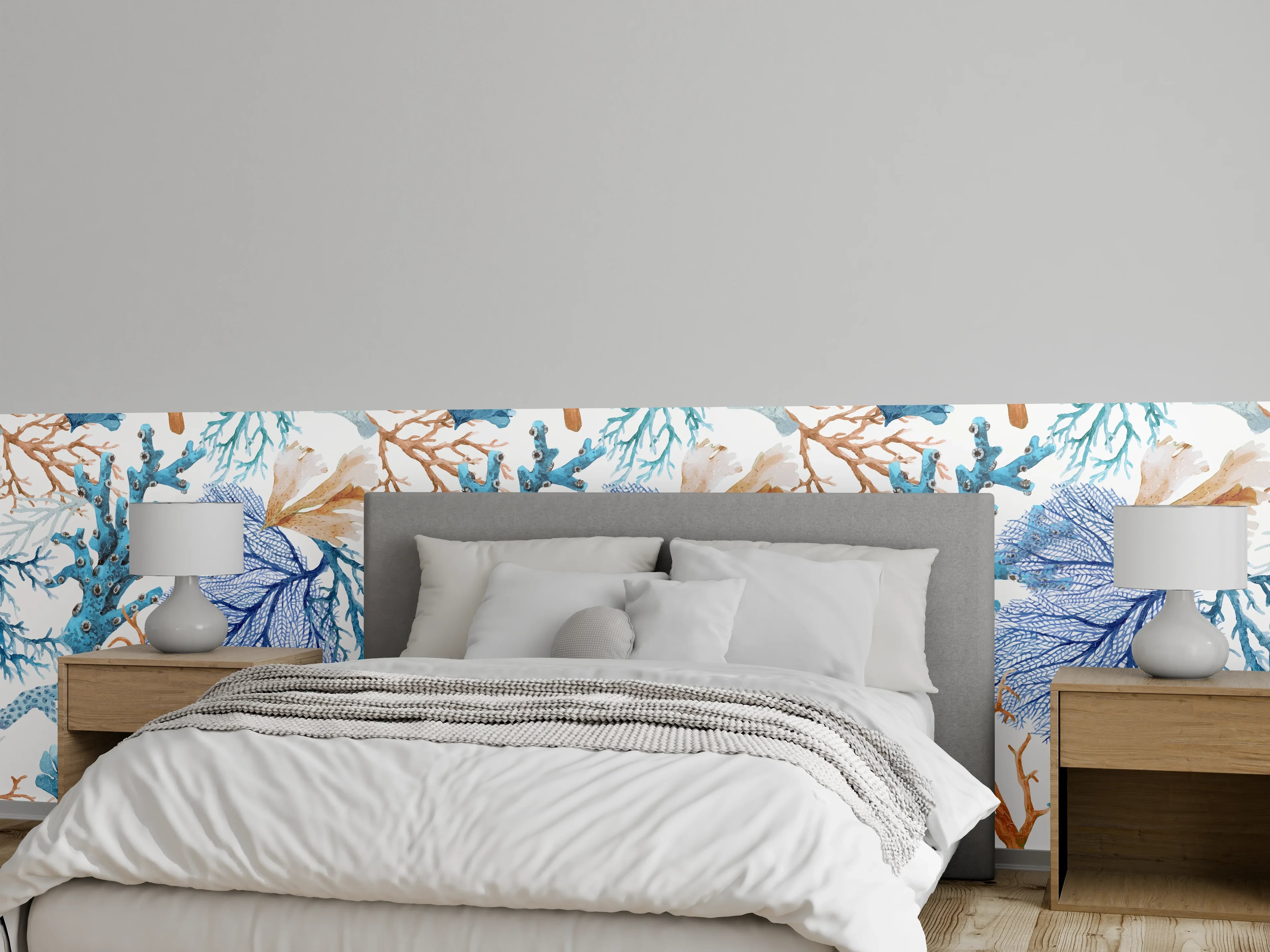 Wandverkleidung Schlafzimmer - Blau-Beige Korallenmuster