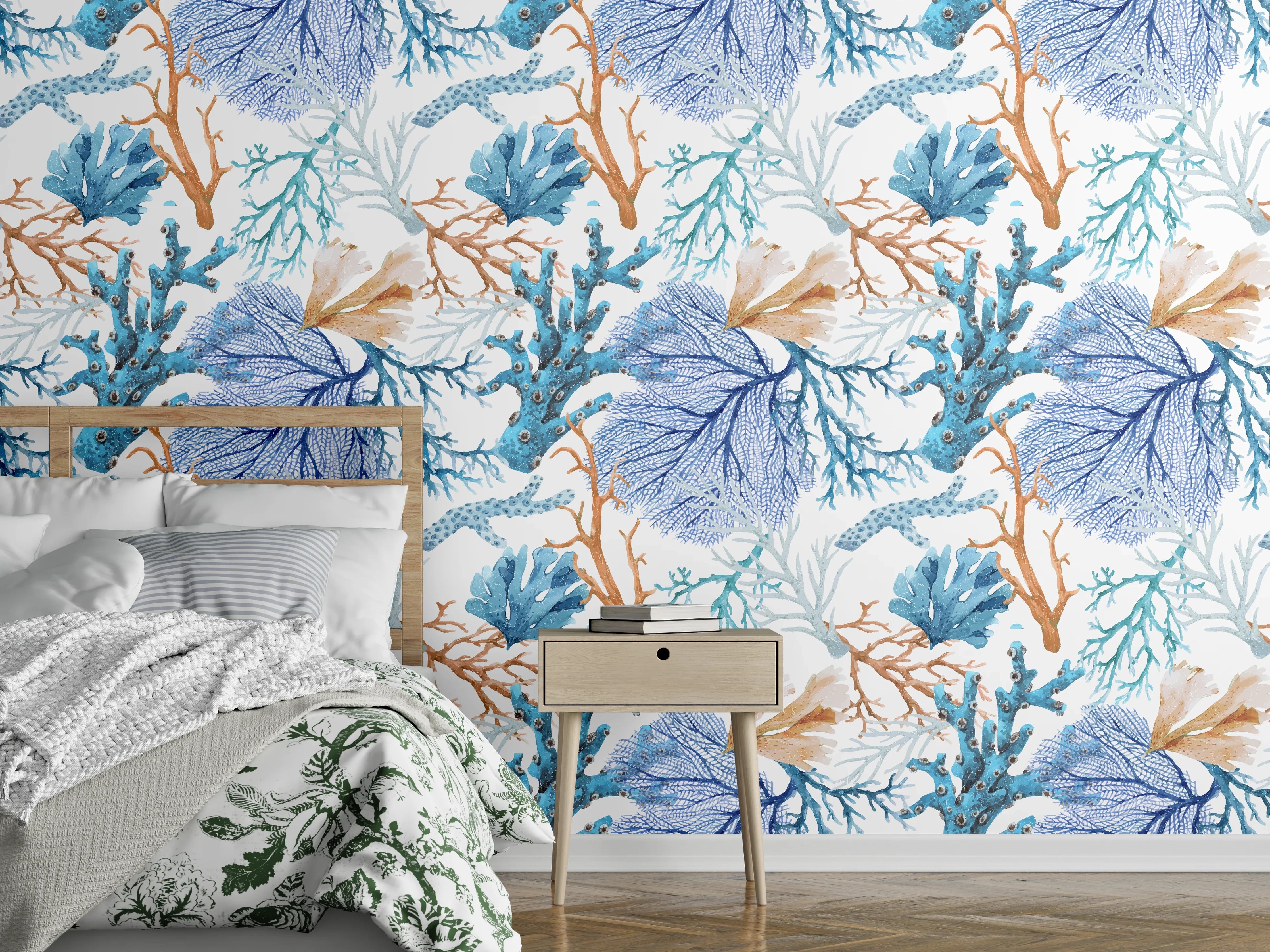 Wandverkleidung Schlafzimmer - Blau-Beige Korallenmuster
