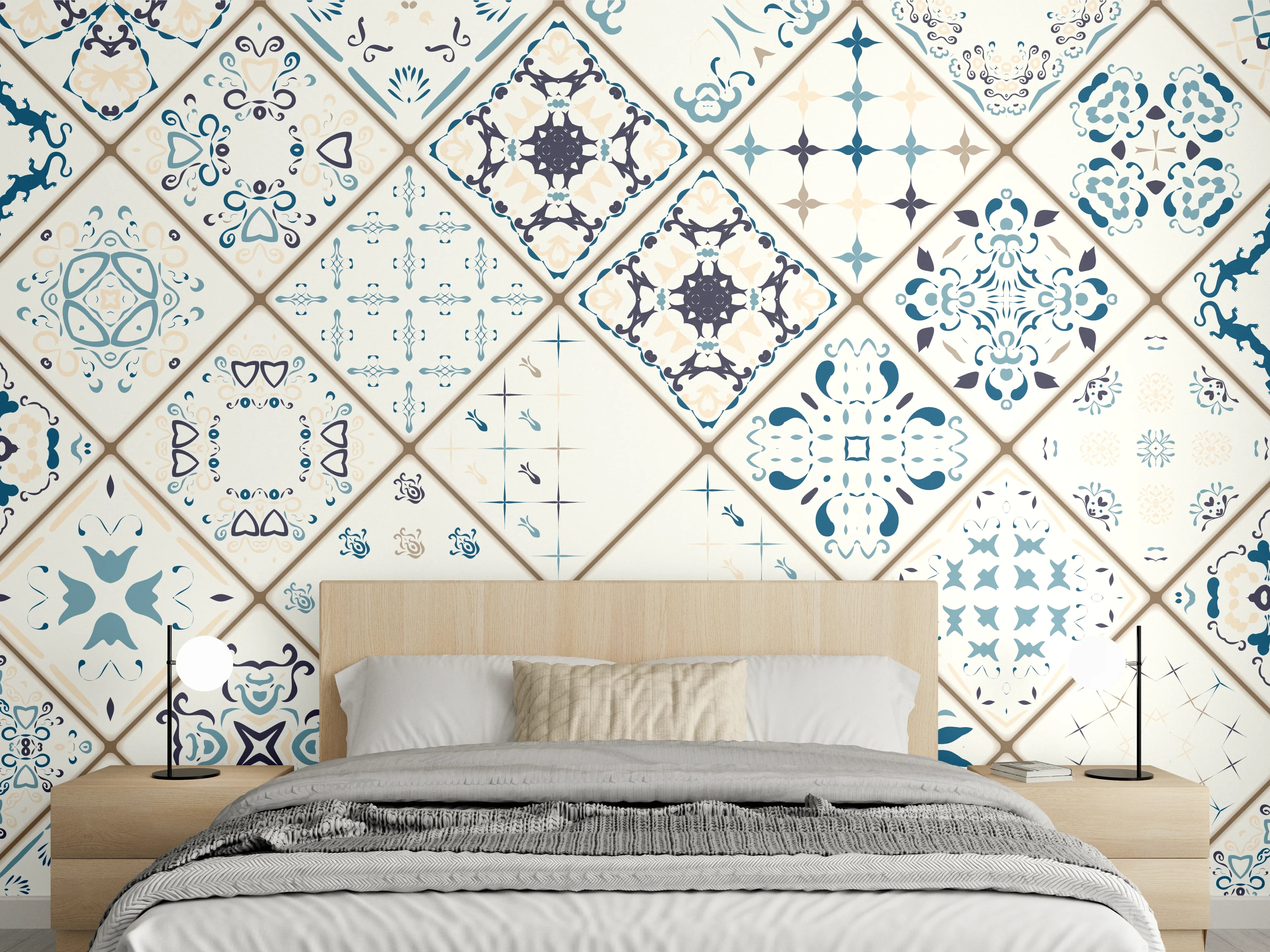 Wandverkleidung Schlafzimmer - Blau-Beige Retro Fliesendesign