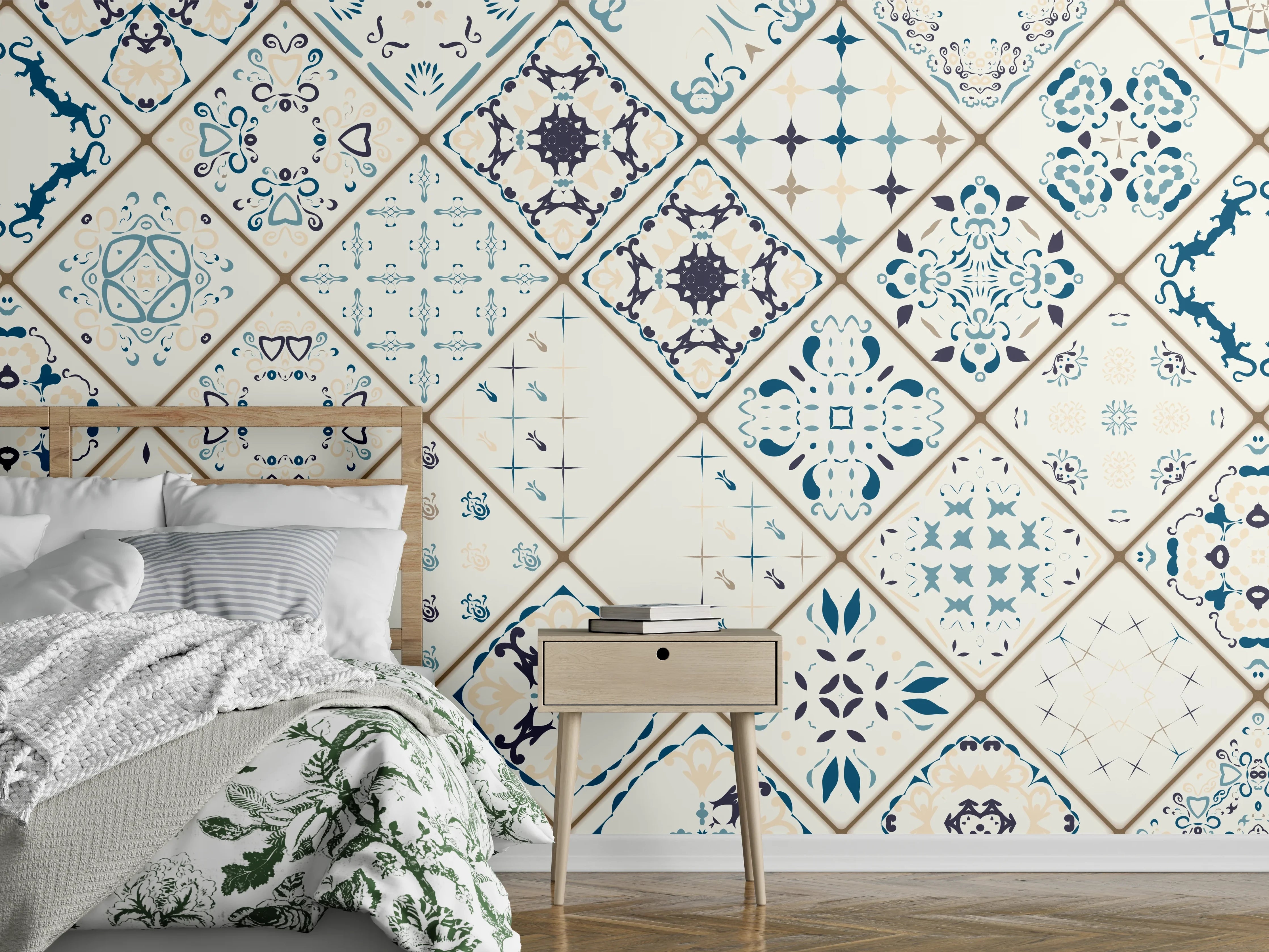 Wandverkleidung Schlafzimmer - Blau-Beige Retro Fliesendesign