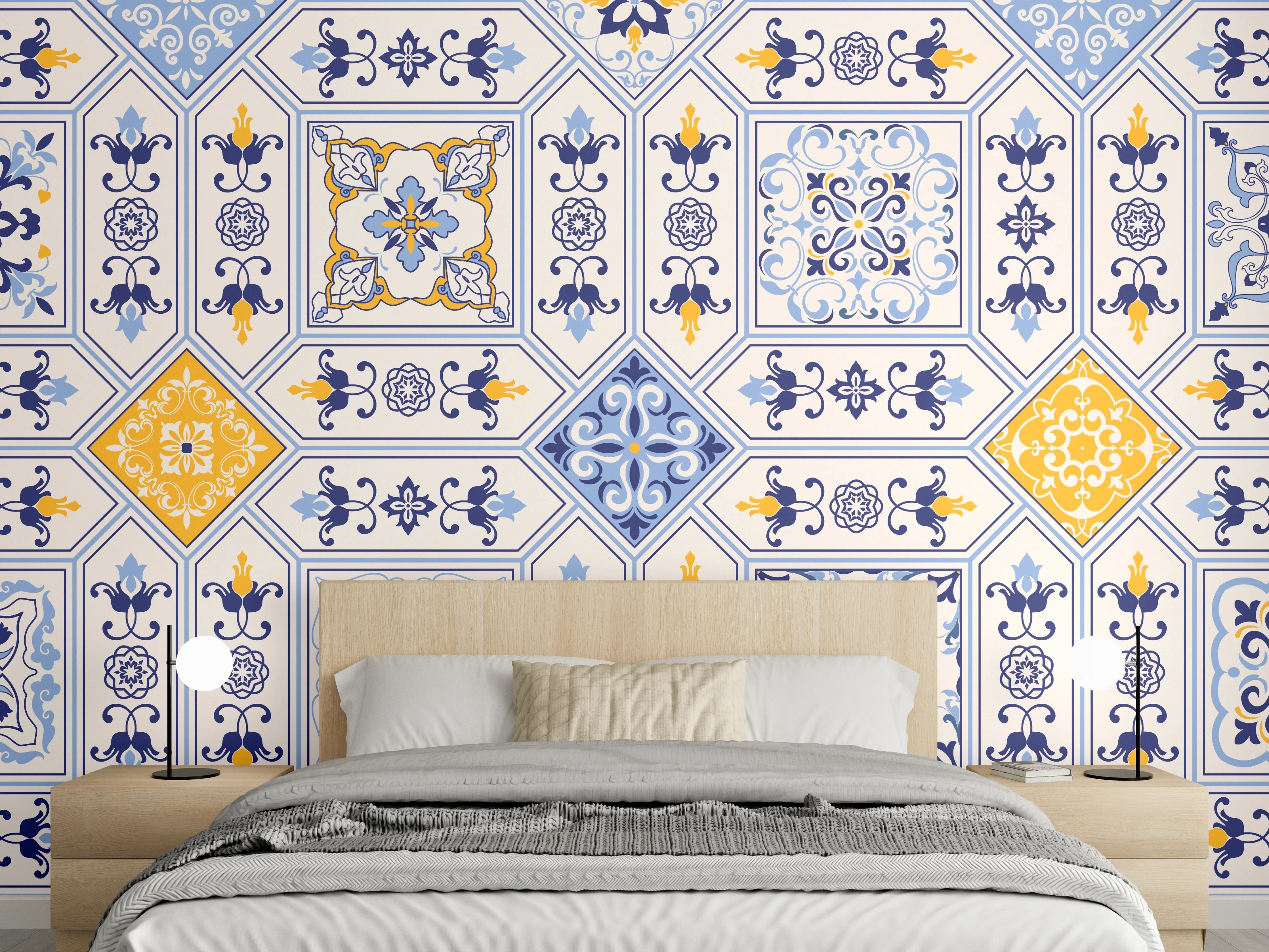 Wandverkleidung Schlafzimmer - Blau-Gelbe Fliesen Muster