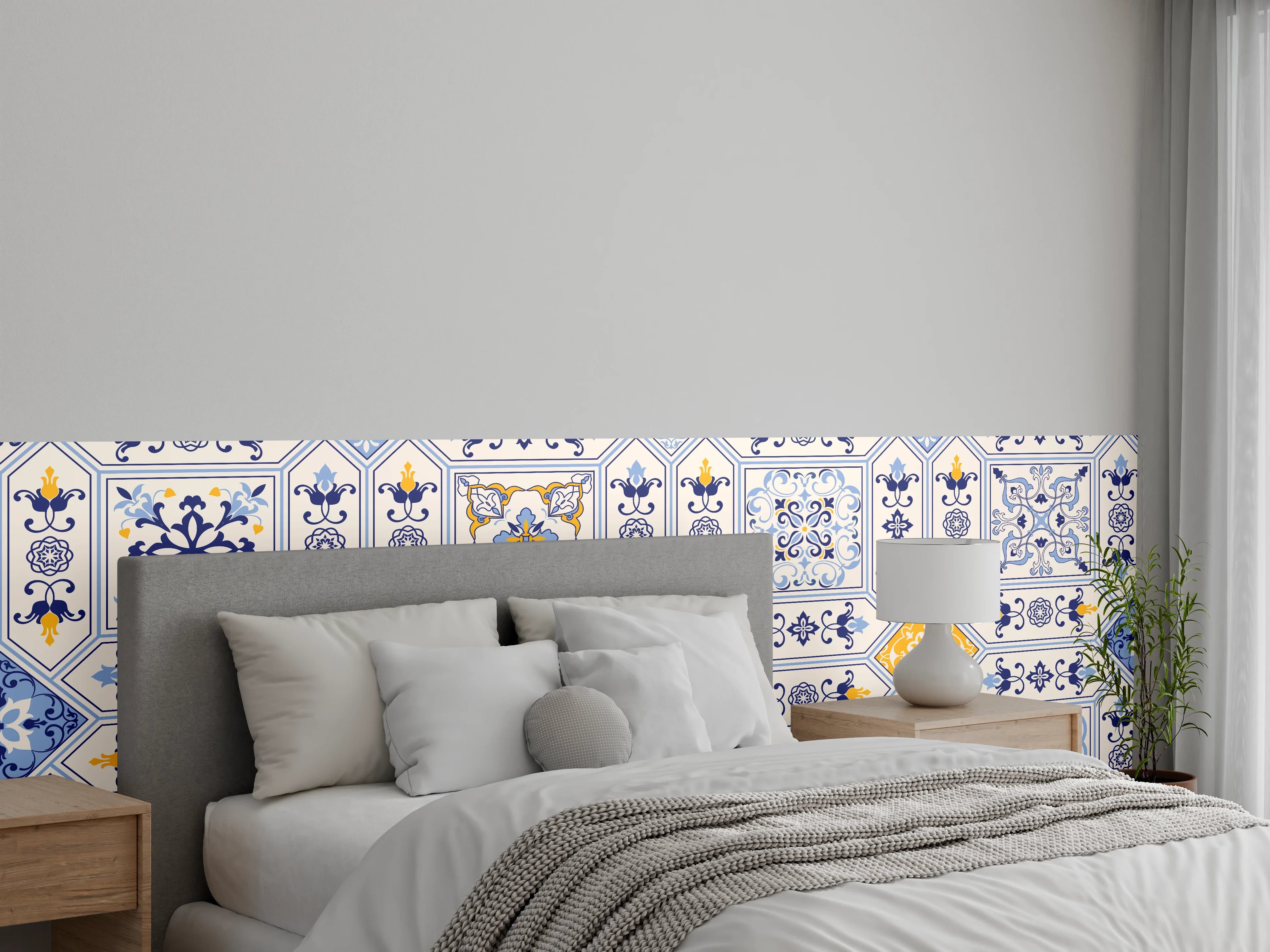 Wandverkleidung Schlafzimmer - Blau-Gelbe Fliesenmuster