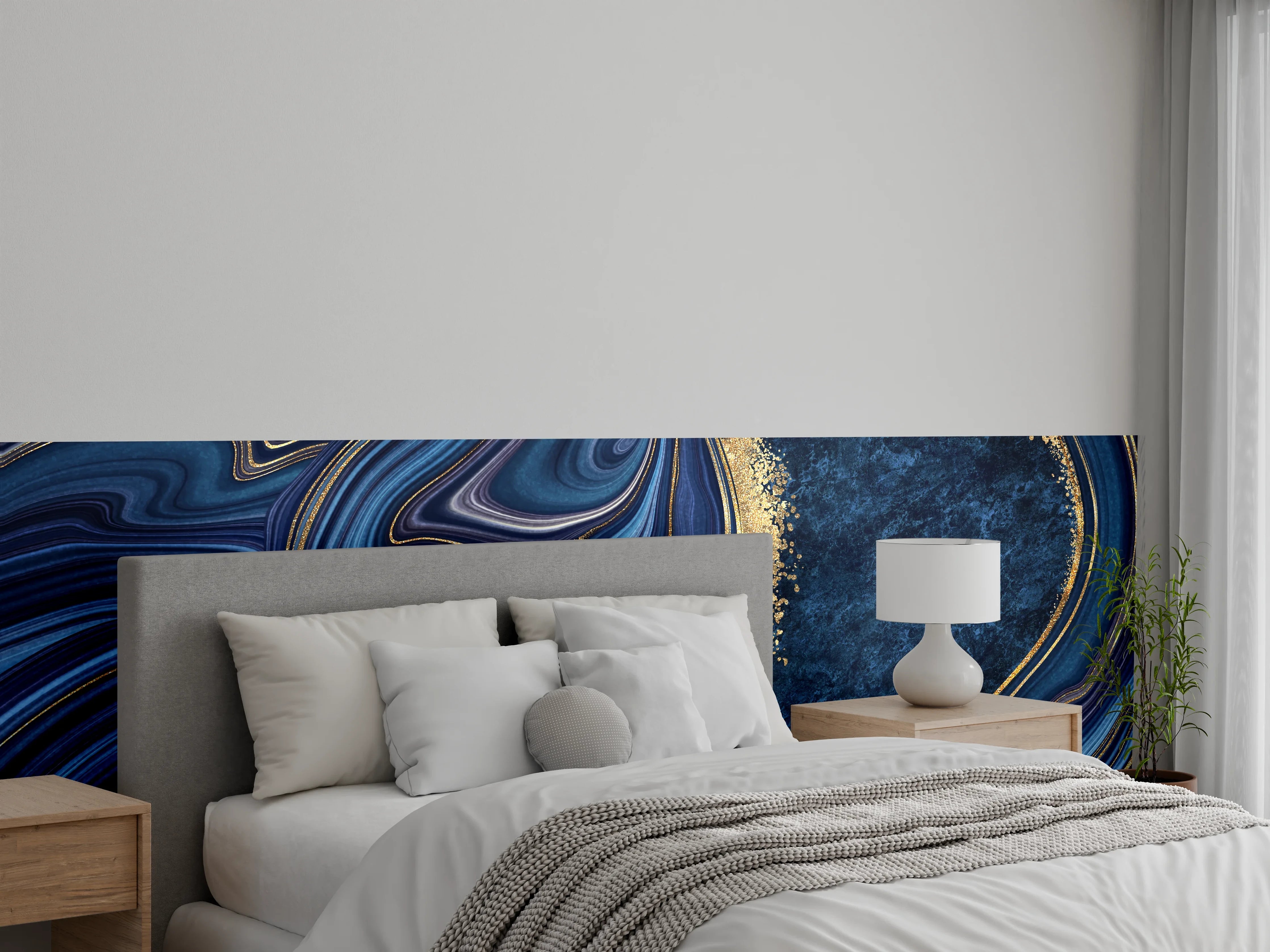 Wandverkleidung Schlafzimmer - Blau-Goldene Marmorschleier mit Grautönen