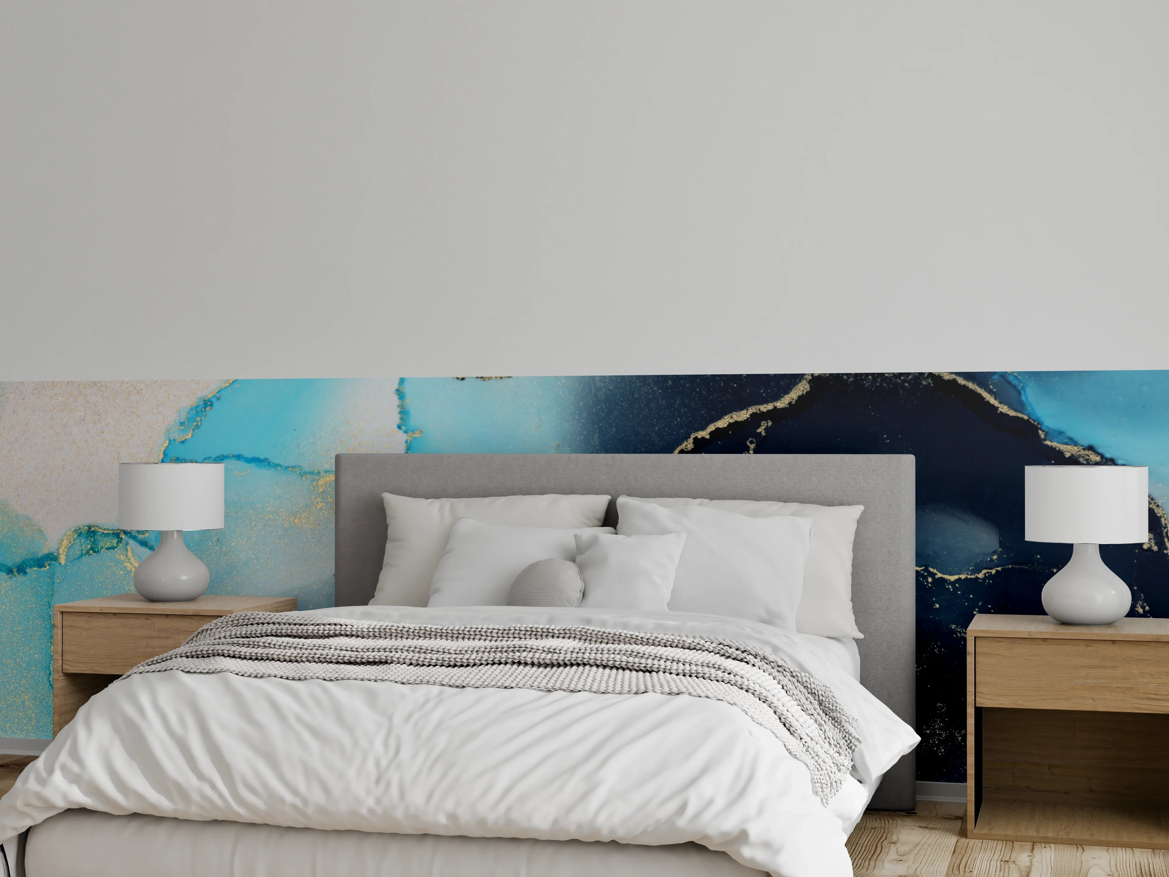 Wandverkleidung Schlafzimmer - Blau-Goldener Nebel auf Silberweiß