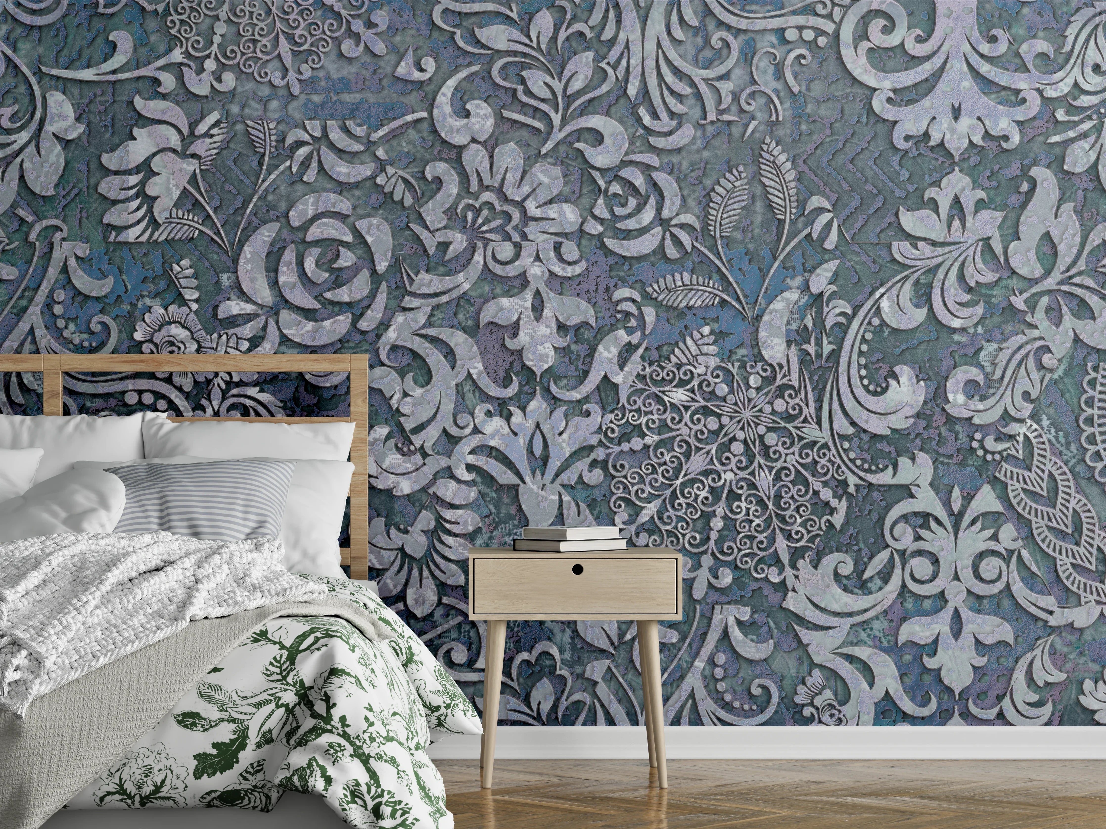 Wandverkleidung Schlafzimmer - Blau-Grau Vintage Kunst