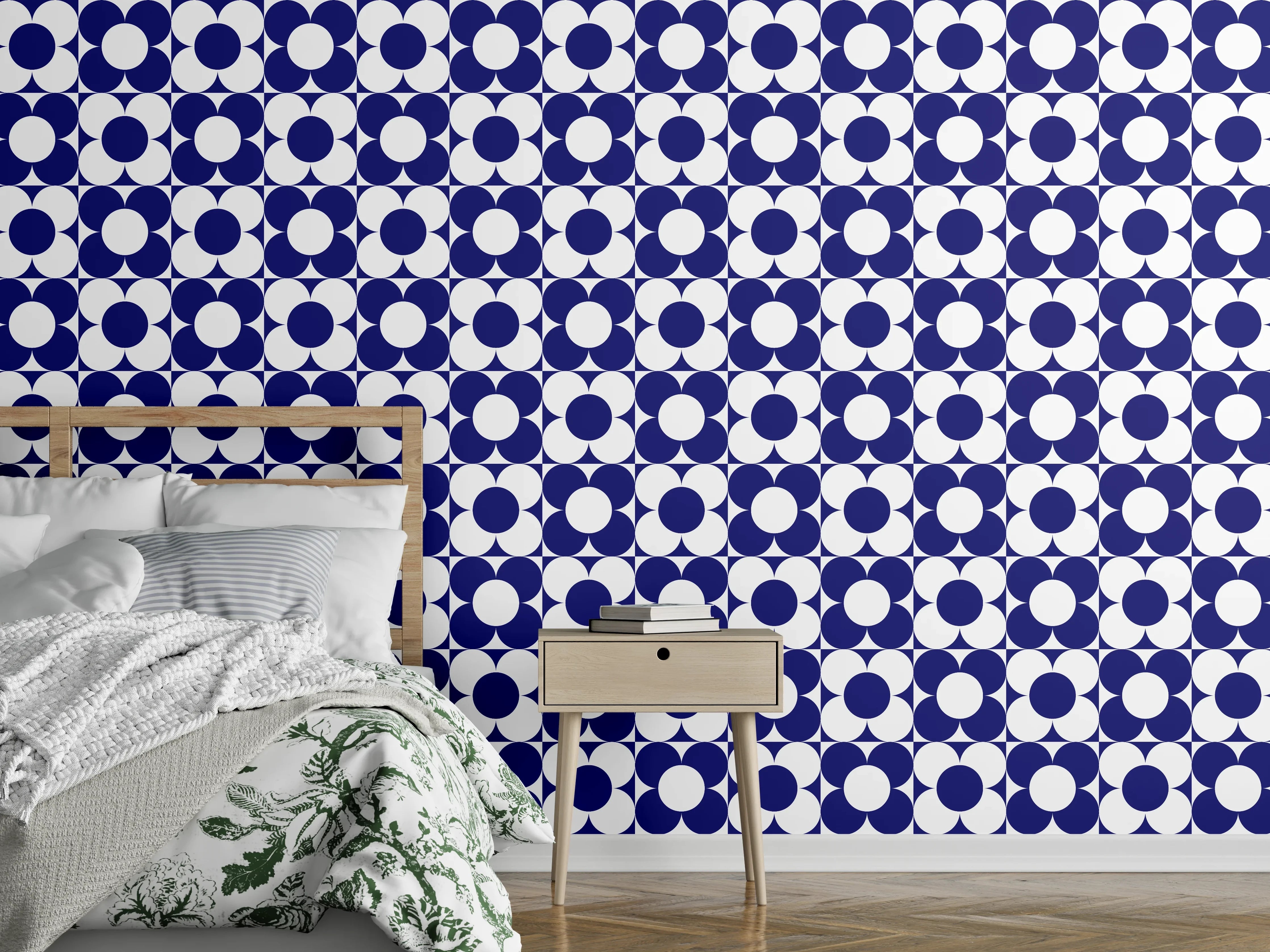 Wandverkleidung Schlafzimmer - Blau-Graue Linien im weißen Spiel
