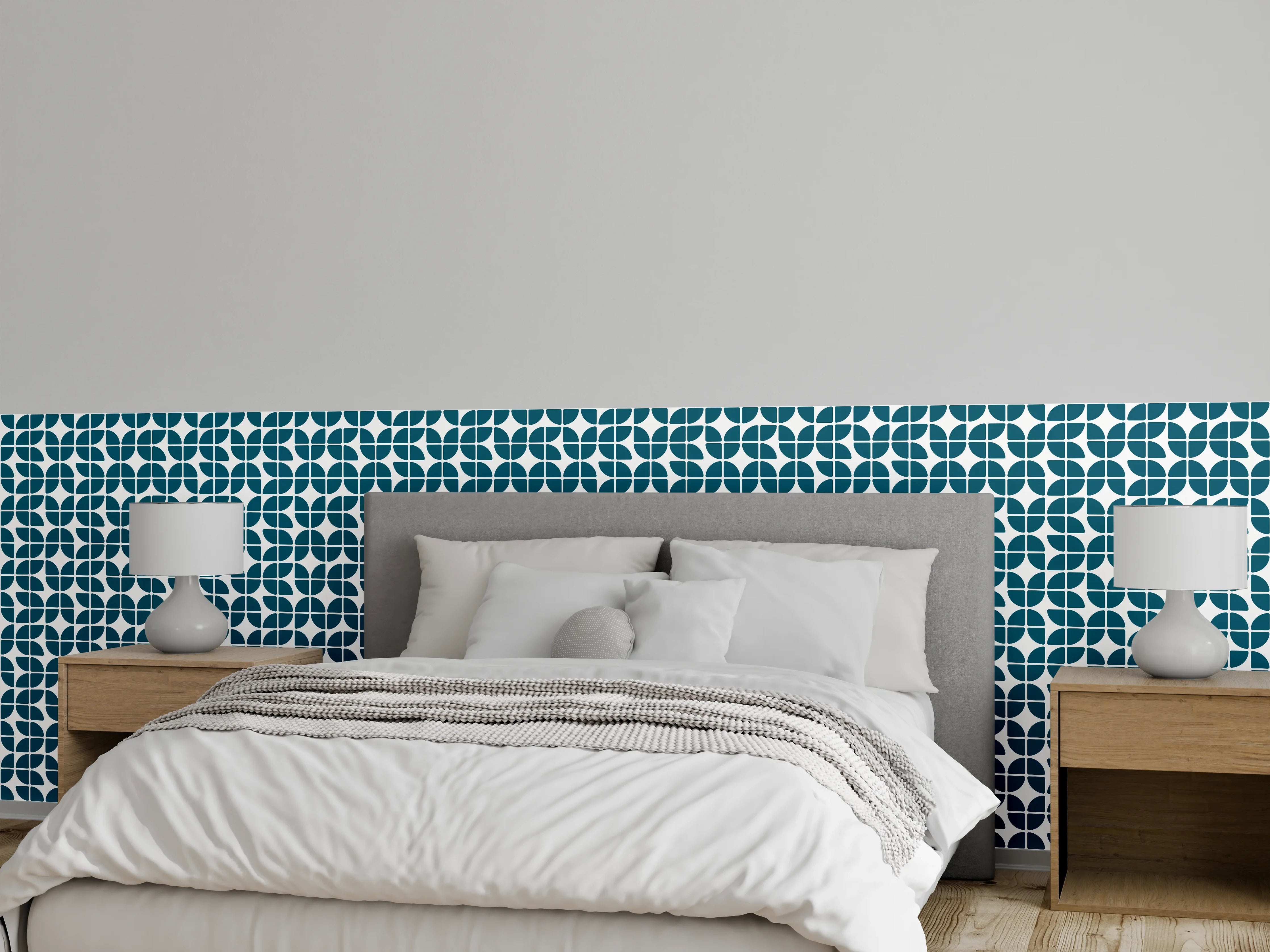 Wandverkleidung Schlafzimmer - Blau-Graues Retro-Design mit Geometrie