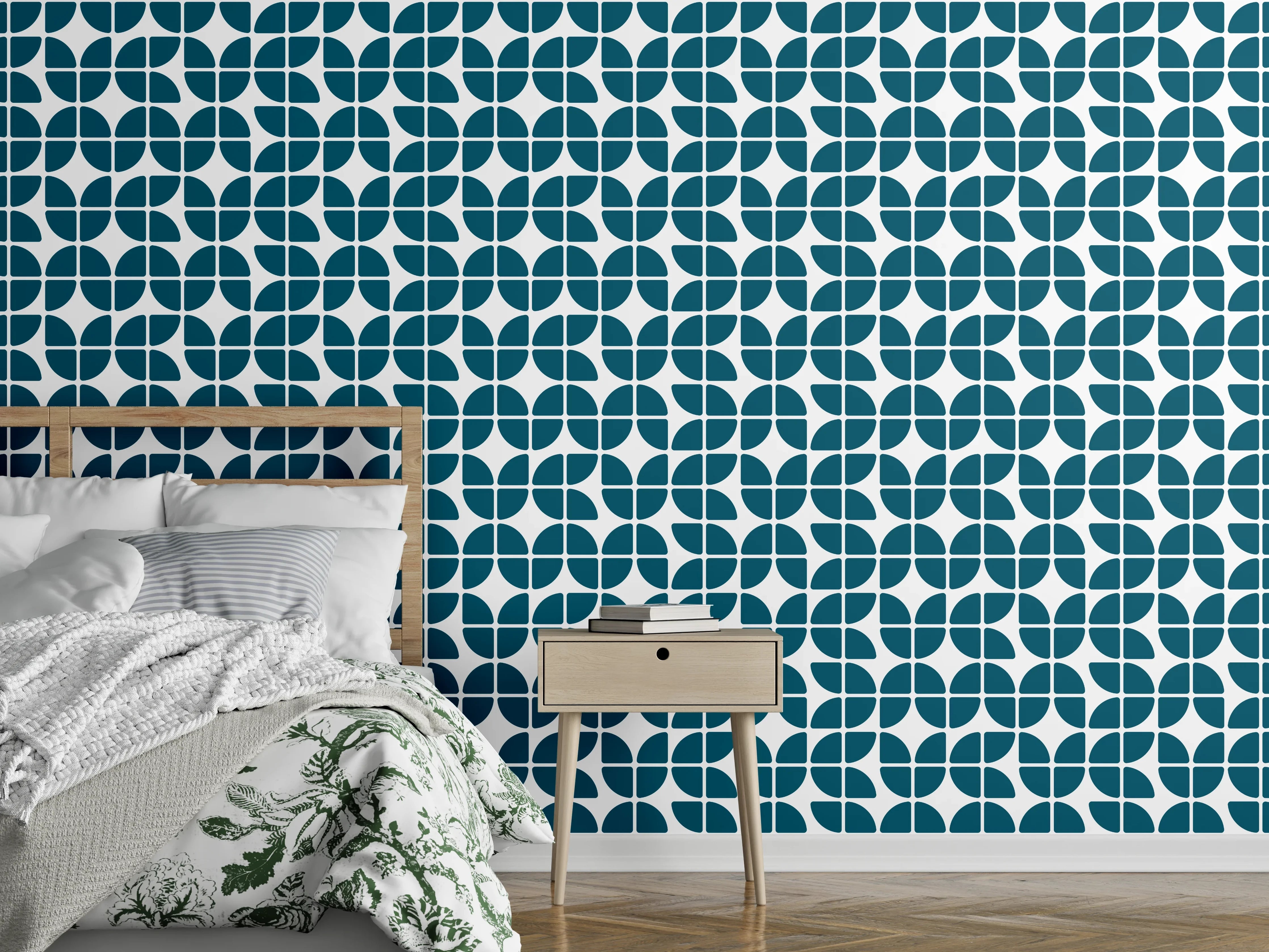 Wandverkleidung Schlafzimmer - Blau-Graues Retro-Design mit Geometrie