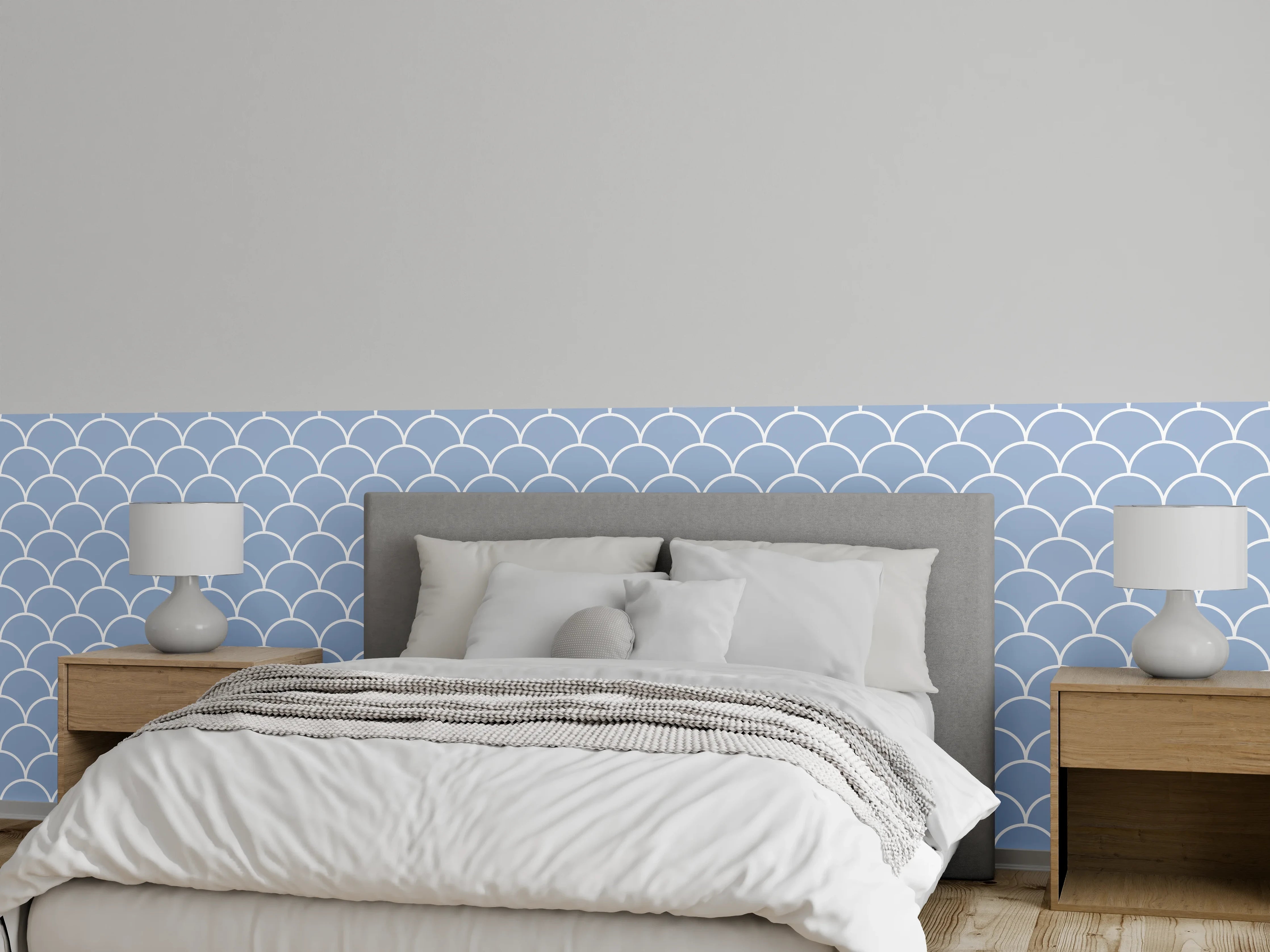 Wandverkleidung Schlafzimmer - Blau-Graues Schuppenmuster mit Weißakzenten